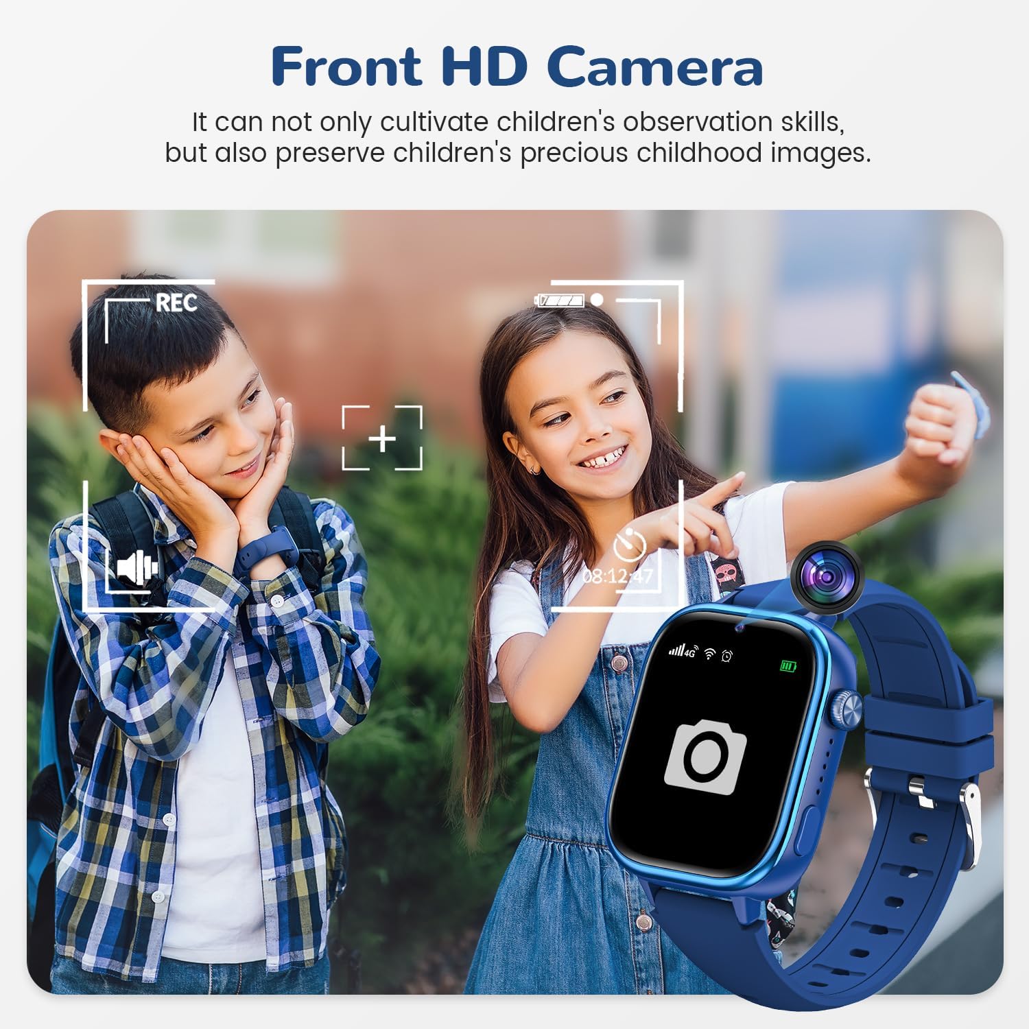 A child taking a selfie with the smartwatch's front HD camera.