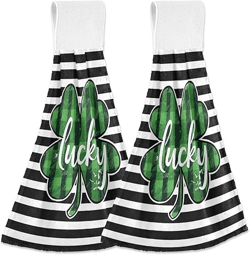 Kcldeci Toallas de mano colgantes de trébol del día de San Patricio con lazo para colgar toallas de mano de trébol a rayas toallas de mano suaves y