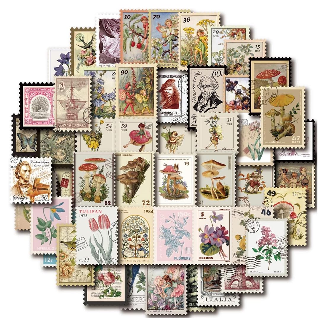 276 Pcs Autocollants Thème du timbre, 4 * 3cm, Stickers Papillon Ville Peinture Fleurs Animal Étoile pour Scrapbooking Deco de DIY Album Photo Carte de voeux