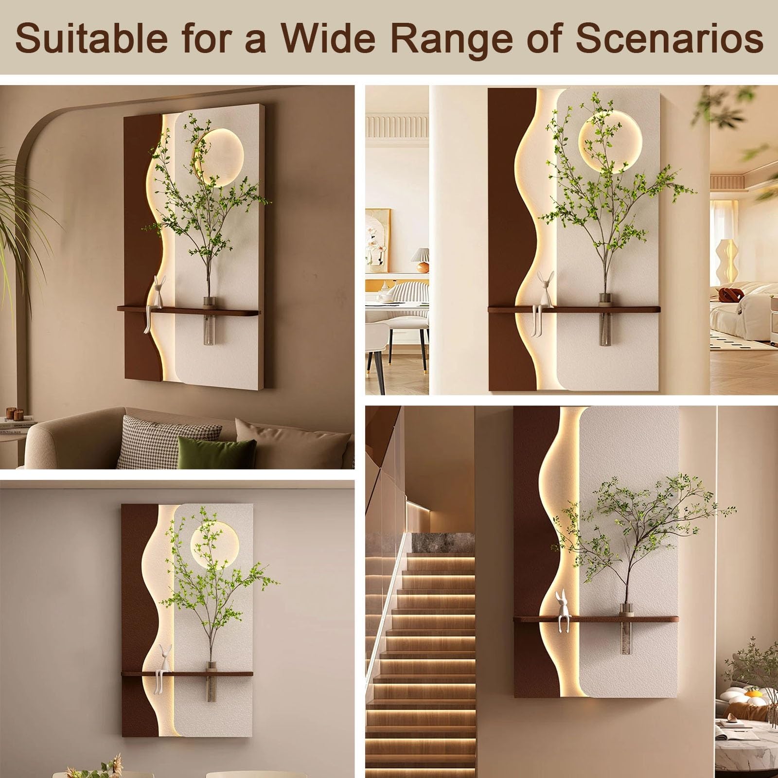 Decorazione murale 3D con illuminazione a LED, scultura in arenaria con vaso in vetro e pianta artificiale, decorazione moderna per ingresso, soggiorno, corridoio e ufficio. (D, 50 * 90 cm / 19,7 * 3