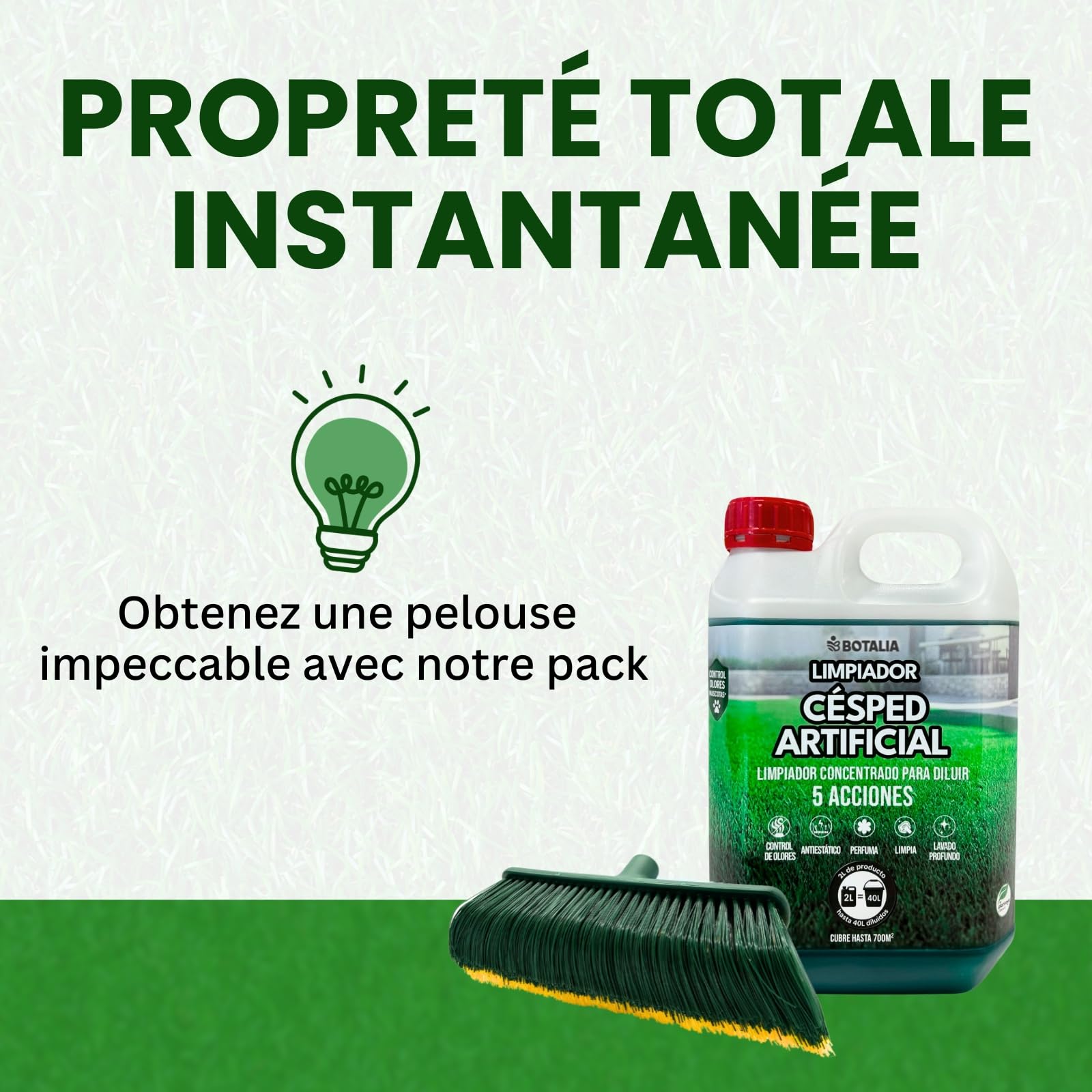Pack de nettoyage PLANTAWA nettoyant pulverisateur pour gazon artificiel/pelouse synthétique. Nettoyant urine chien et chat 1L et brosse (sans poignée)