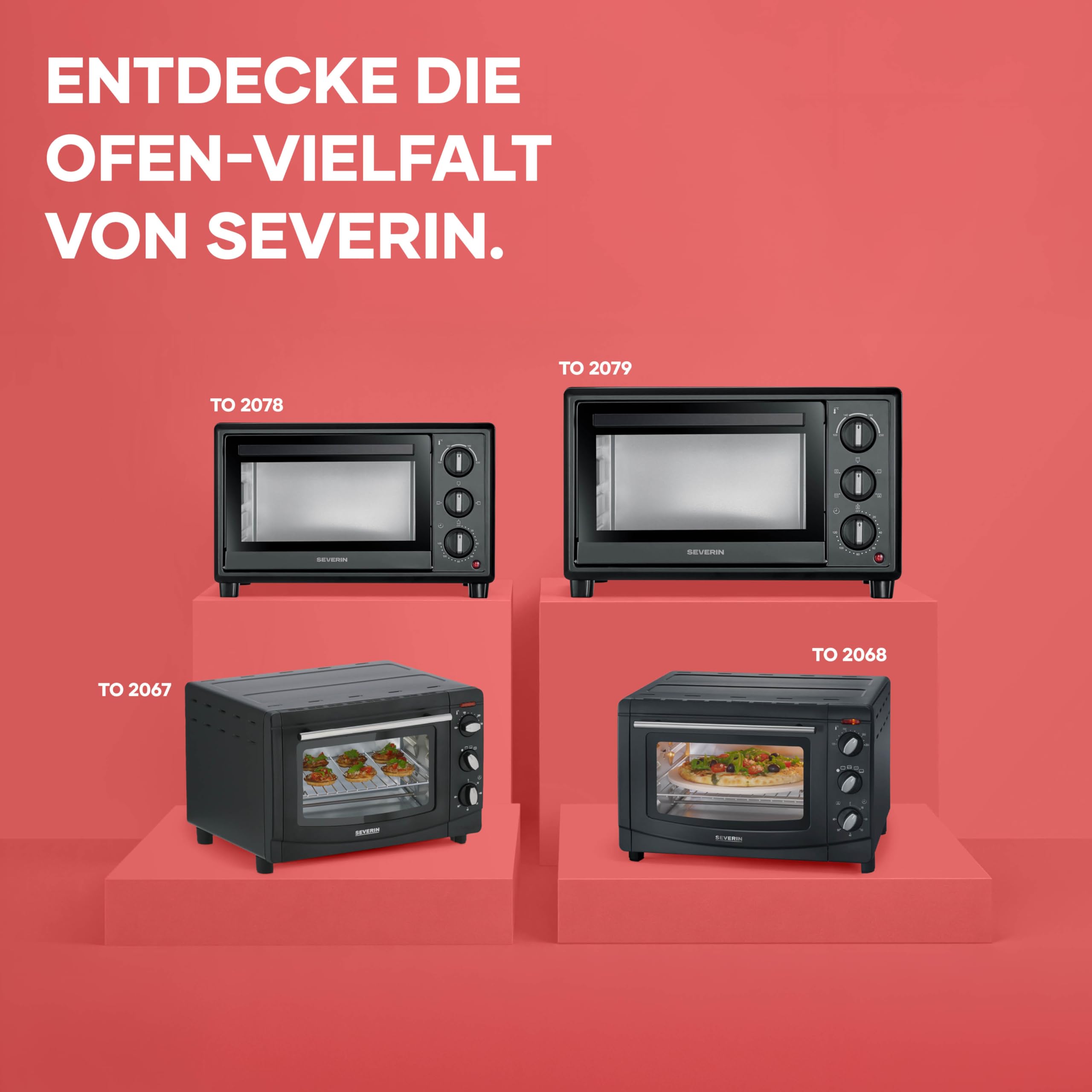 Severin Back- und Toastofen, Bake&Toast, 20L, bis 230°C, Umluft-Funktion, Ober- und Unterhitze, inkl. Pizzastein, Drehspieß, Krümelblech, Backblech, Grillrost, 120Min. Timer, 1600W, schwarz, TO 2079