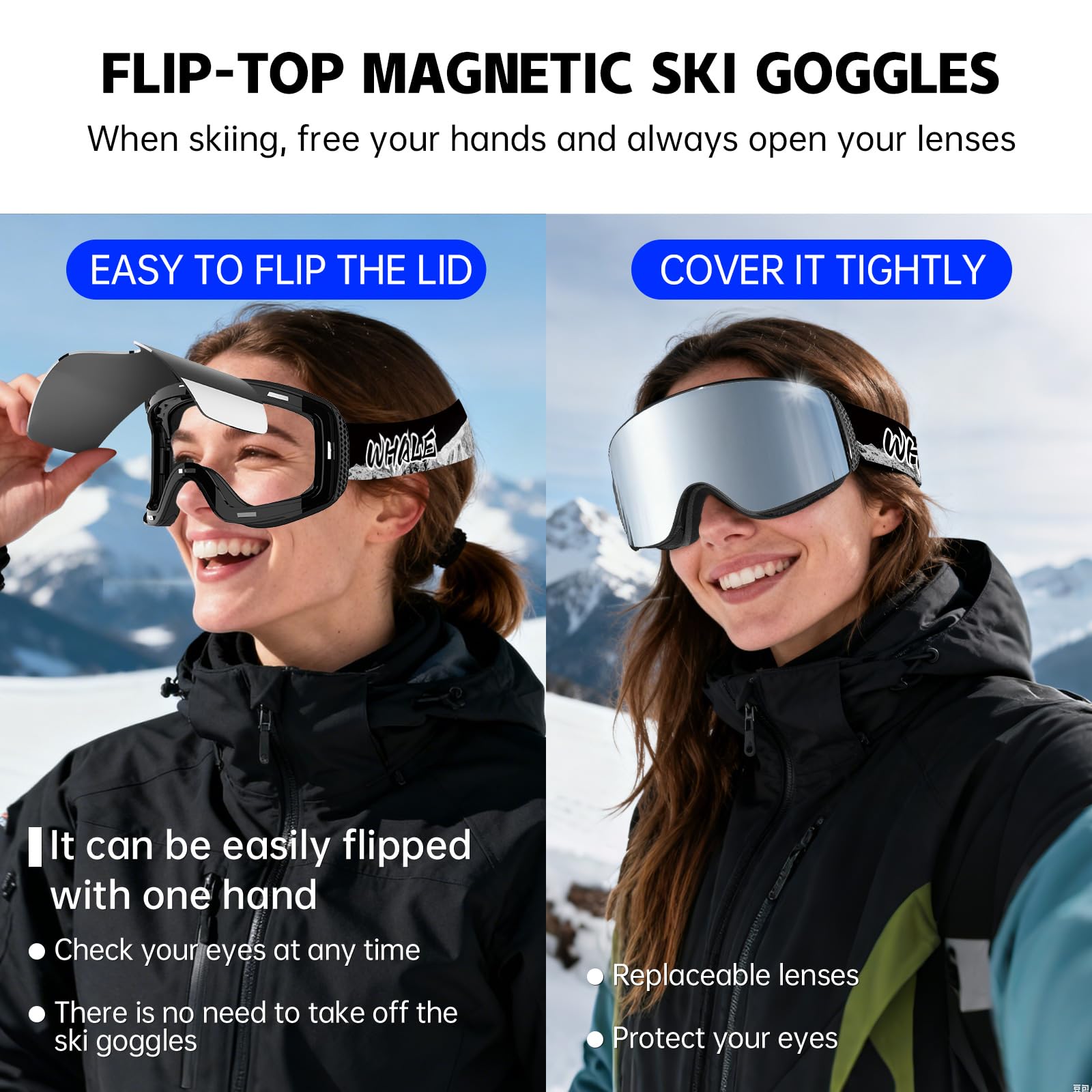 Whale Gafas de esquí magnéticas antivaho, gafas de snowboard para hombres, mujeres y jóvenes, gafas de nieve OTG polarizadas