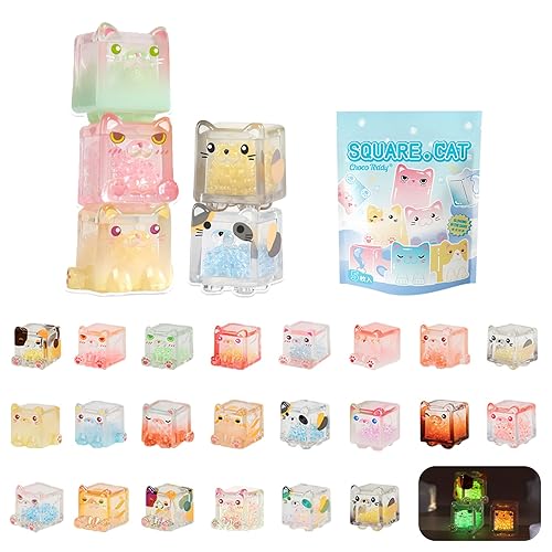 Glow in The Dark Figure, Square Cat Series Blind Box (5 Figures per Box) Random Style Action Figure Cute Blind Bag Collectible Toys - Mini Figures Mystery Box for Cat Lovers Birthday Gift & Desk Decor - 5 Figures(Small)