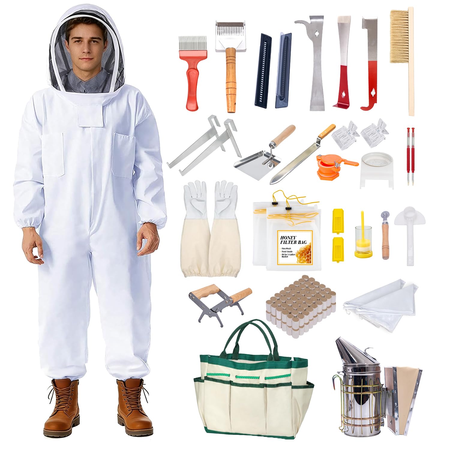 Photo 1 of POLLIBEE 35Pcs Beekeeping Supplies Starter Kit with Bee Suit,Smoker & Frame Holder, Complete Bee Hive Tools Set with Oxford Bag for Beginner Beekeepers Men Women (XL)
