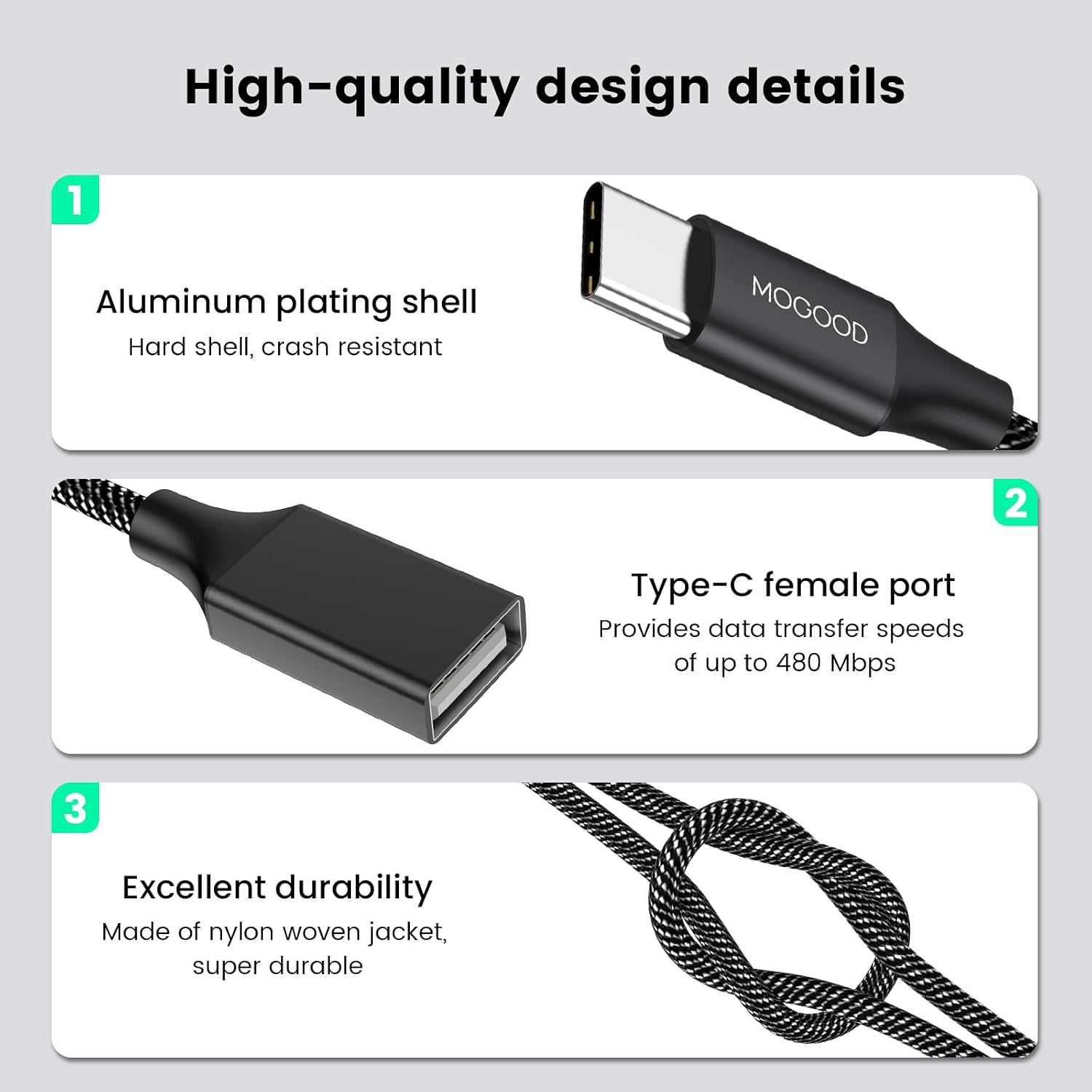MOGOOD USB 2.0 to USB C Type C to Dual USB Cable USB C Splitter 1 in 2 Out Thunderbolt 3 to Double Type A 2.0 OTG Adapter for MacBook Pro,Chromebook,Pixelbook,Microsoft Surface Go,S24 Ultra,iPhone16