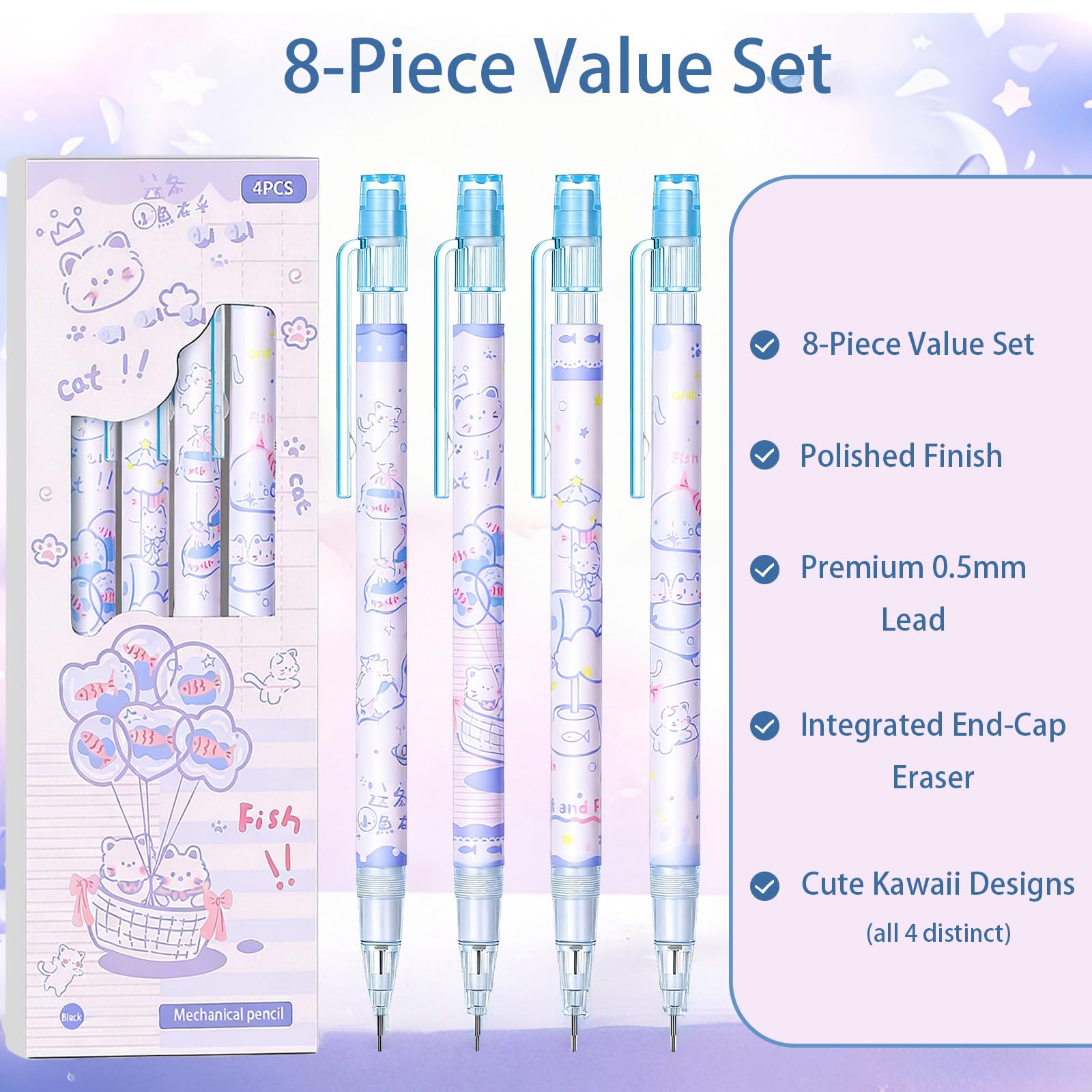 Lot de 8 porte-mines mignons en forme de chat en forme de poisson de 0,5 mm, crayons kawaii pour l'école, les étudiants, les femmes, le bureau, l'école