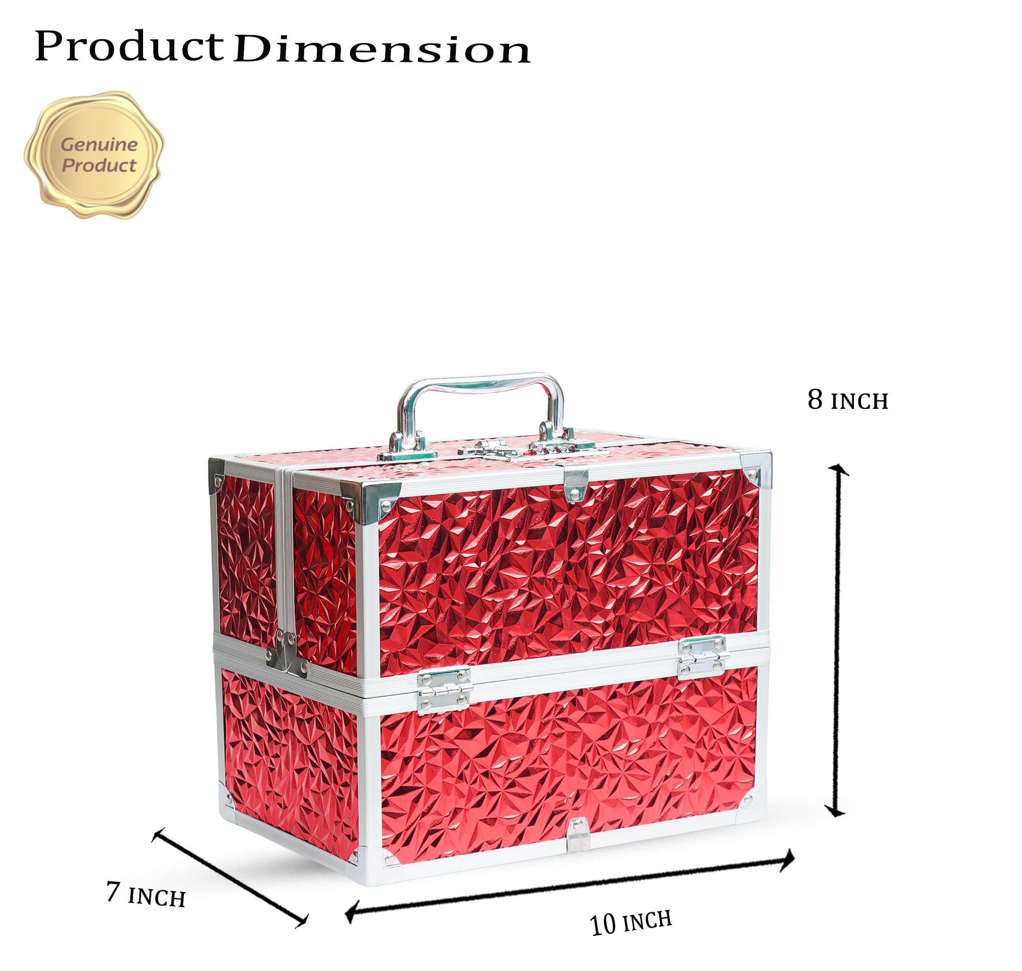 Adson Professional Makeup Box Cosmetics Case Jewelry Organiser Vanity Make Up Storage Box Beauty Train Case Lockable with Keys (Diamond Glow Red) 3