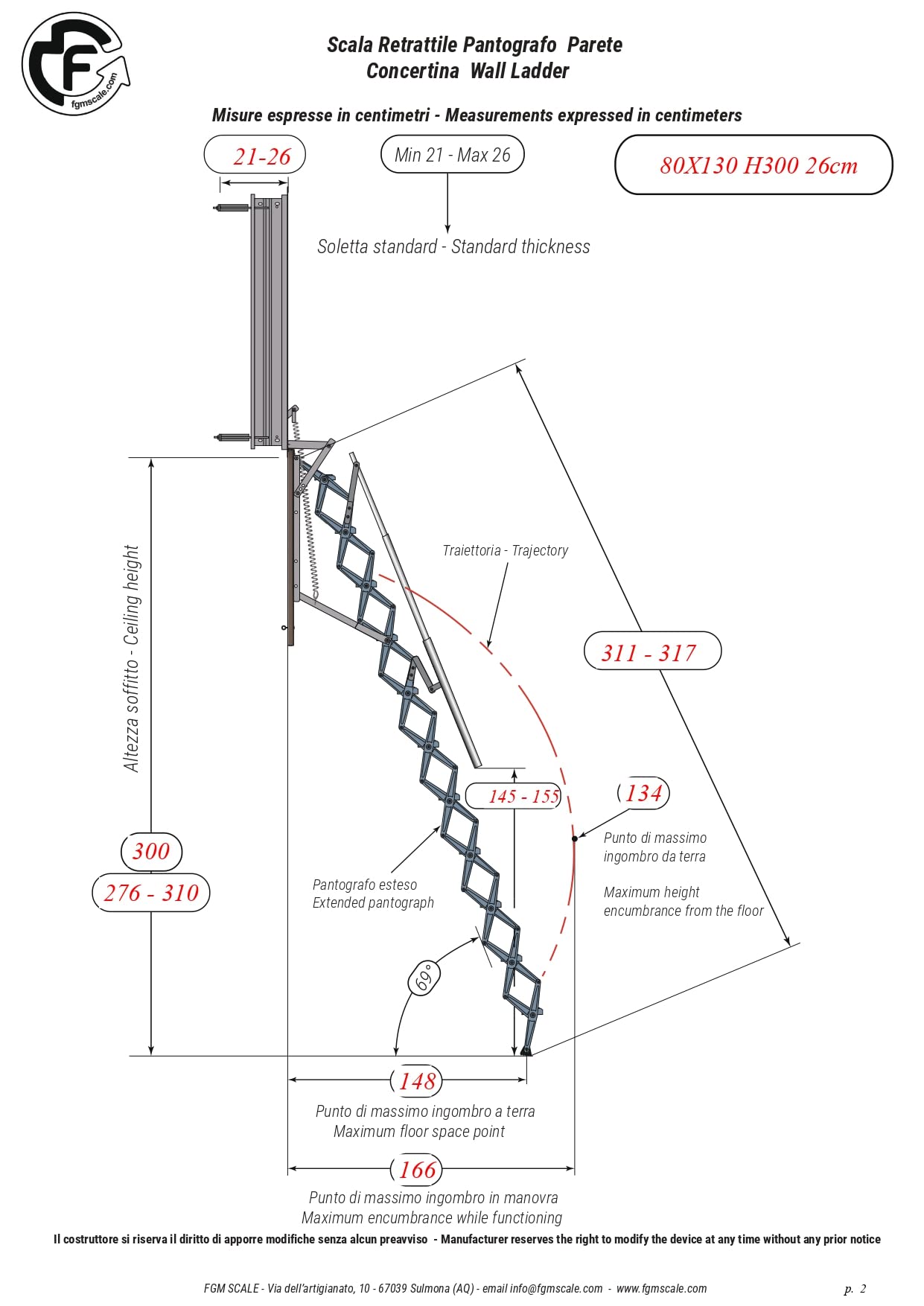 Scala Retrattile Pantografo Parete | Gradino Lato 80 | Misura 80x80 H=276-300 cm
