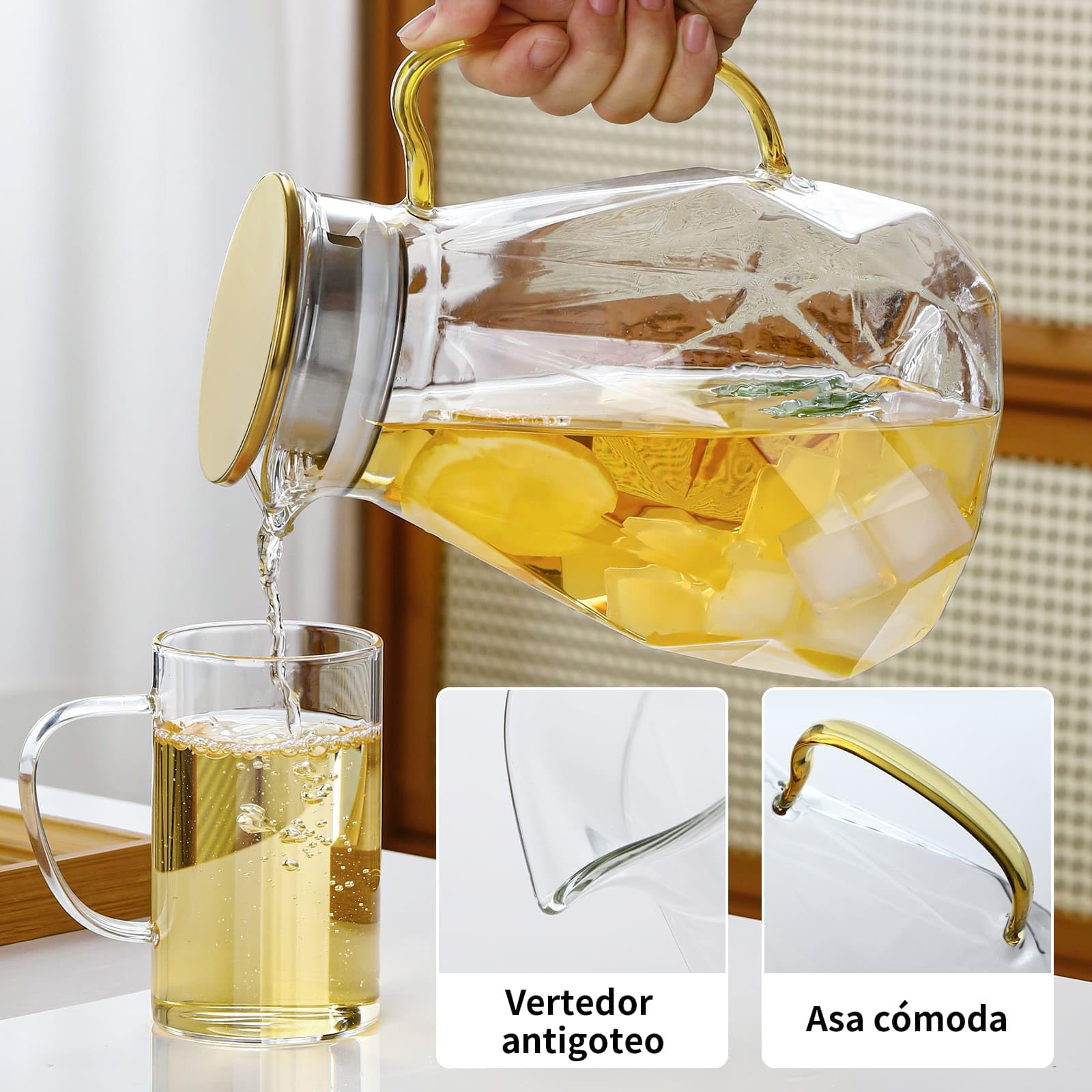 MESNEY Jarra de Agua Cristal con Filtro 1600ml con Tapa, Vidrio de Borosilicato Resistente al Calor, Jarra de Agua Cristal para Té o Zumo Frío y Caliente para Cocina o Nevera