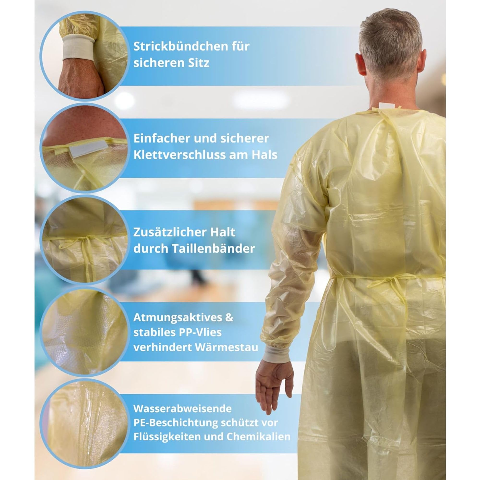 10St. | Gelb | Einweg PP+PE Schutzkittel Optimaler Schutz Einmal Kittel mit Strickbündchen & Klettverschluss – Premium OP Kittel (125x140cm)