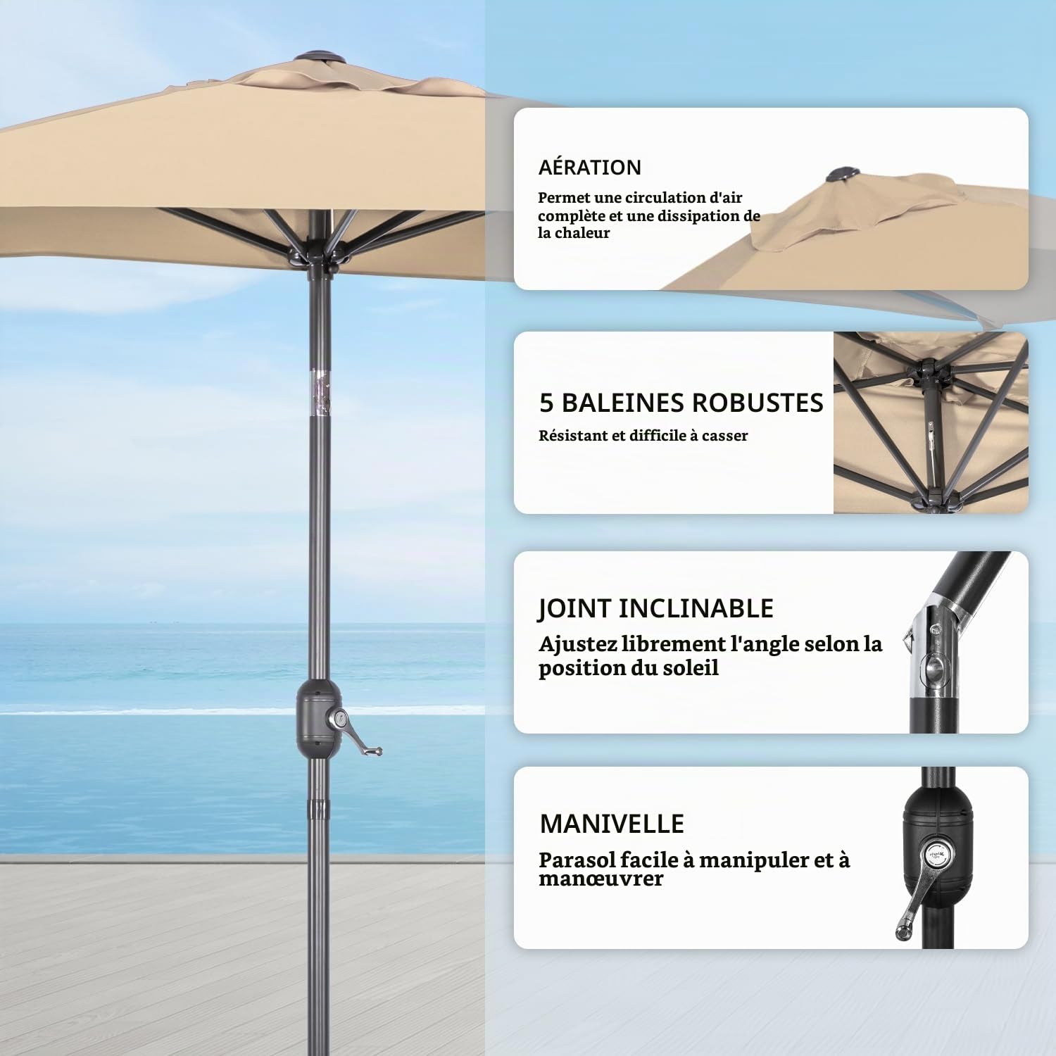 Angel Living Demi-Parasol Carré de Jardin, 2.5 x 1.3 m, Toile Anti-UV, Réglage de la Manivelle, Inclinable des Deux Côtés, pour Balcon, Terrasse, Extérieur