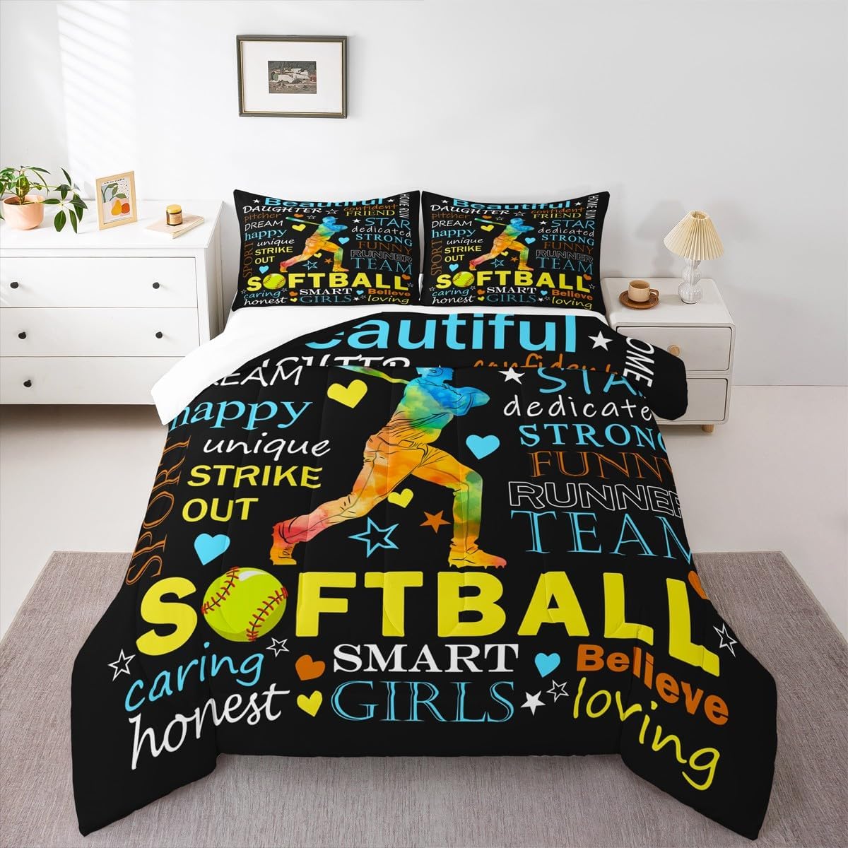 Softball Player Kids Comforter Set Twin Size,Ball Sports Games Modern Fashion Bedding Set,Boys Girls Adults Room Decor,Stars Love Heart Graffiti Down Comforter,Colorful Duvet Insert,1 Pillowcase