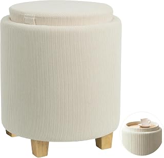 Puff Taburete de Almacenaje Ø32×38 cm con Tapa Giratoria en Bandeja – Pana – Asiento Multifuncional para Salón, Dormitorio y Recibidor