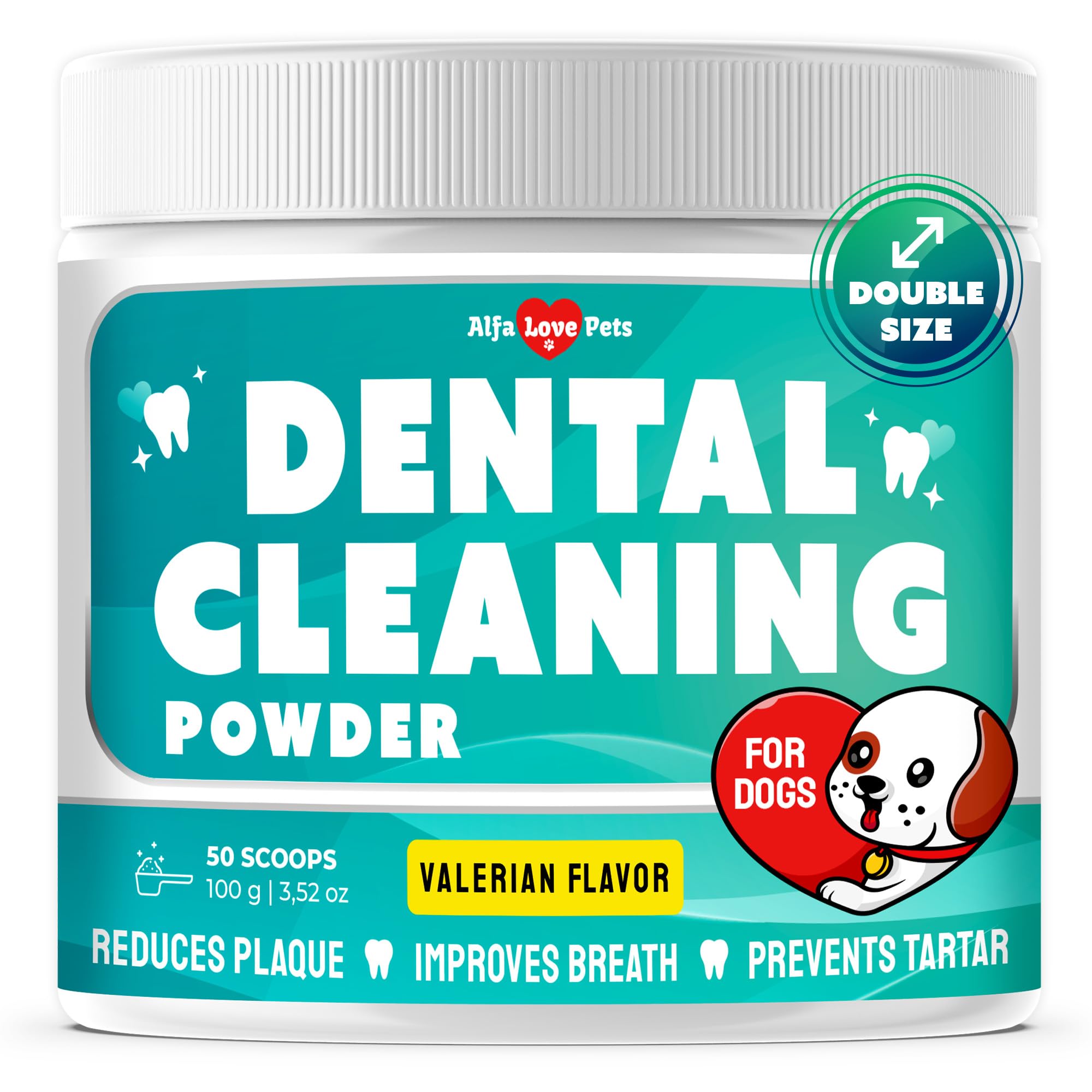 Dental Cleaning Powder Dog Breath Freshener to Help with Plaque, Tartar, & Caries – Dog Probiotics + Valerian in The Composition – Scoop Included – 100 G