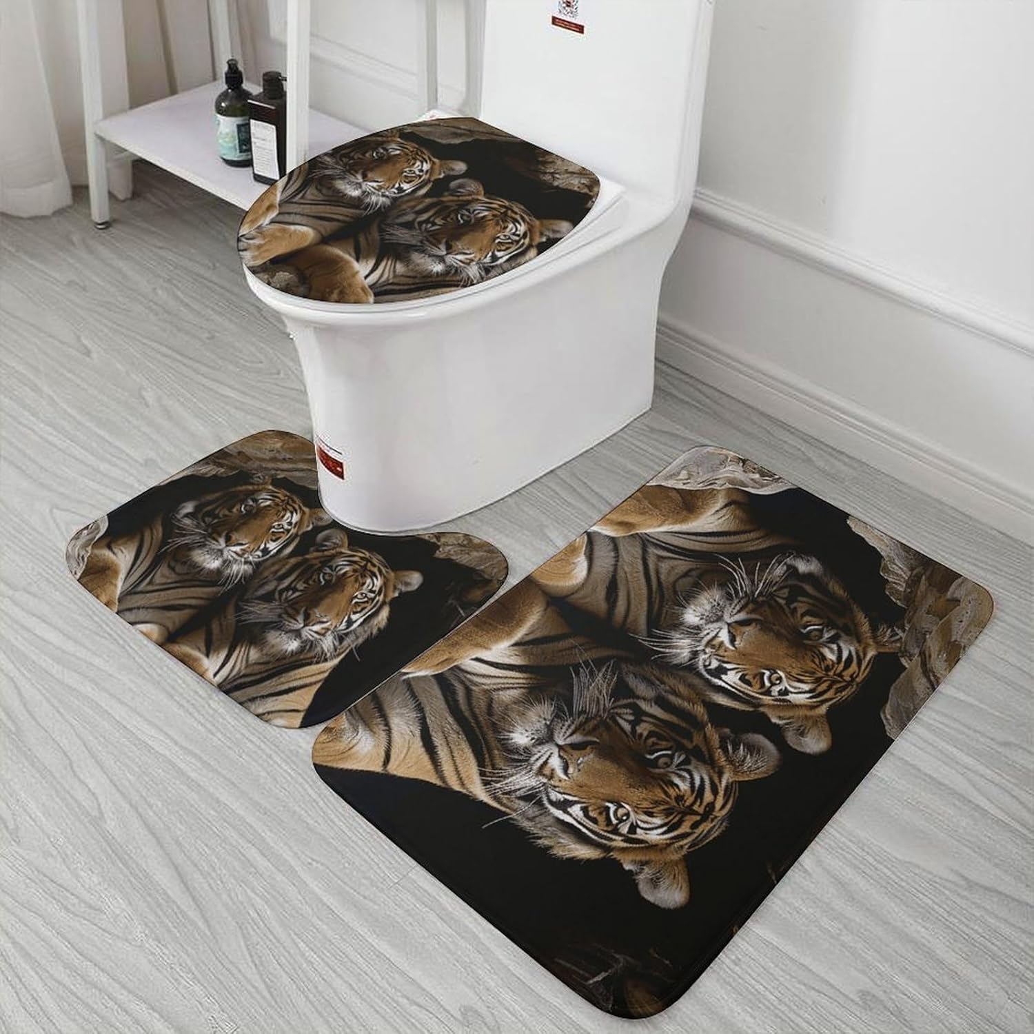 Anti-Skid Floor Mats 3 Piece Set,Tiger in Cave Printed Coral Fleece Bathroom Mats U-Shaped Contour Mat Toilet Seat Cover for Bathroom, Tub, Shower, Kitchen 19.7"x31.5"