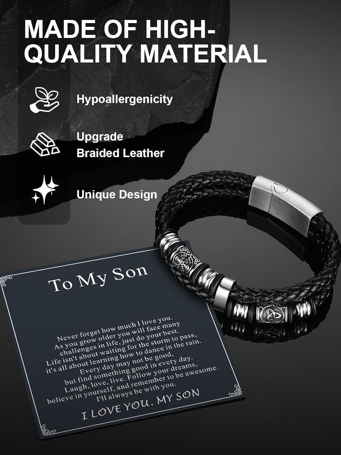 ChainsPro Leather Bracelet Gifts for Men,Black Braided Bracelets Stainless Steel Celtic & Compass Bracelets Leather,Ideas Jewelry Gifts for Husband Son Grandson Boyfriend Anniversary Christmas Father's Day Birthday Valentines - Image 5