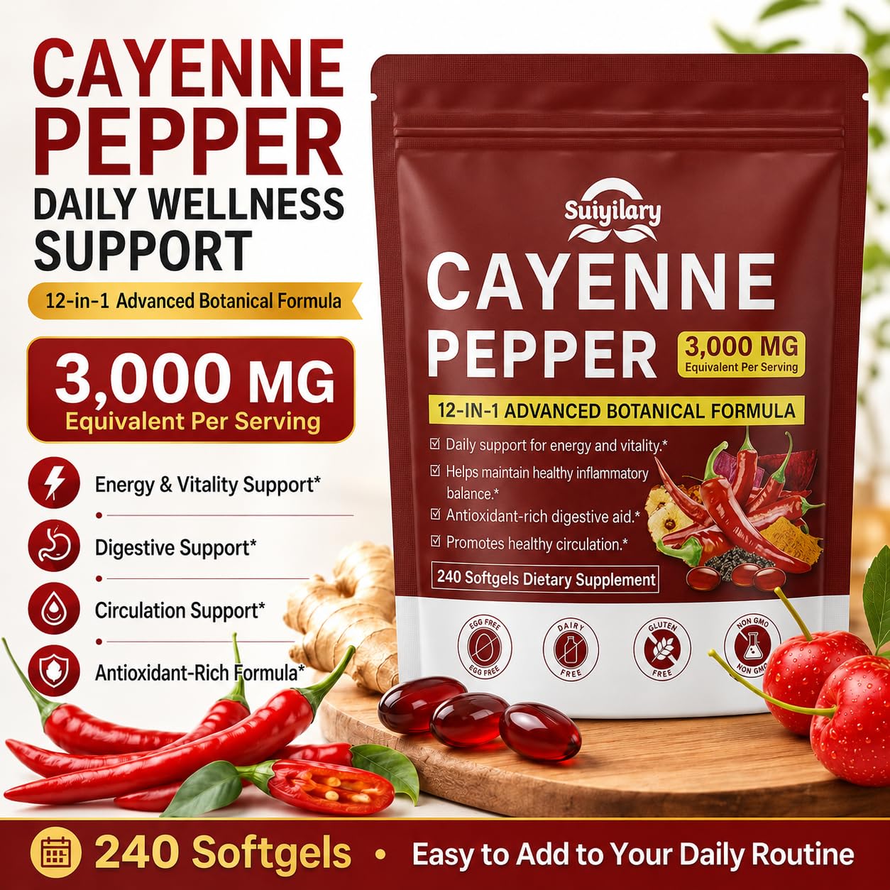 Cayenne Pepper Softgels Capsules, Capsaicin Supplements, Supports Leg Vein, Heart, Blood Vessel Health, 12-in-1 Extracts blend Vitamin E D3+K2, Grape Seed, Hawthorn, Beetroot, Berberine (240 count) — Amazon image 3