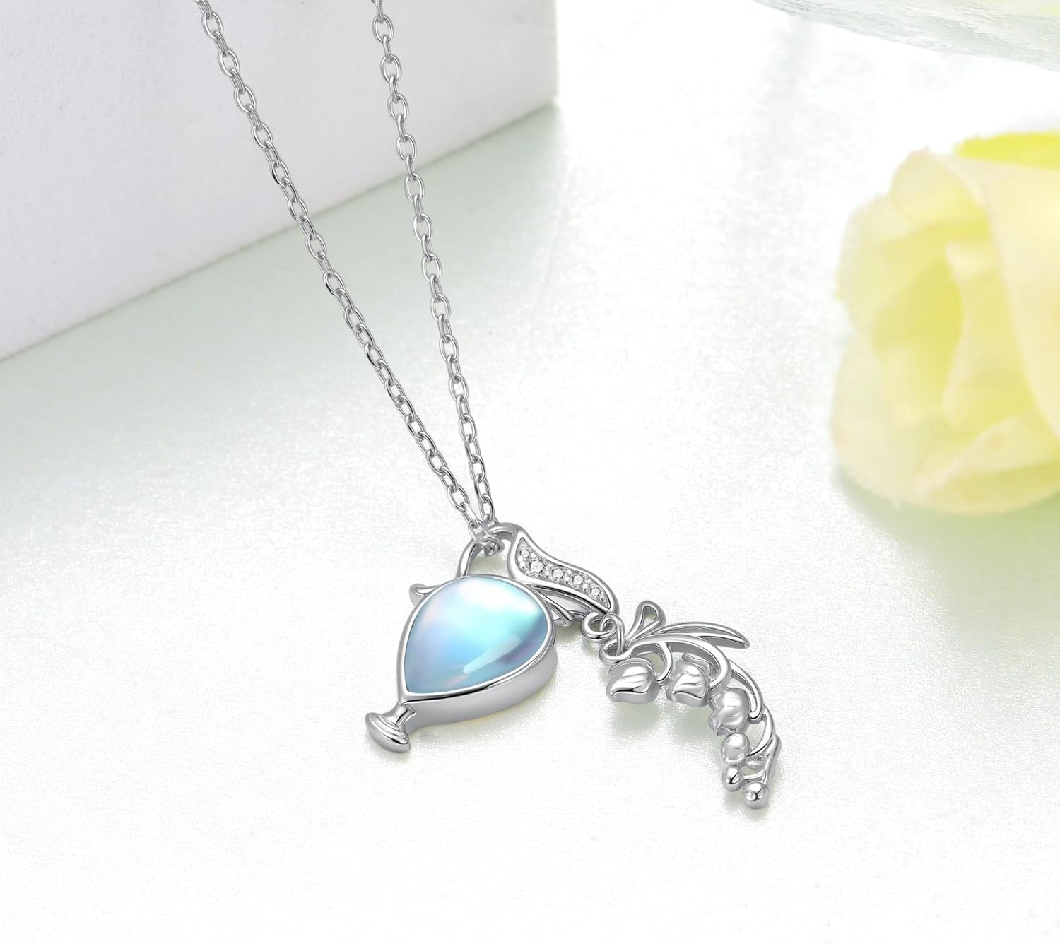 Lily of the Valley Moonstone Necklace for Women 925 Sterling Silver May Birth Flower Necklace Lily of the Valley Decor Jewelry Gifts for Women - Image 2