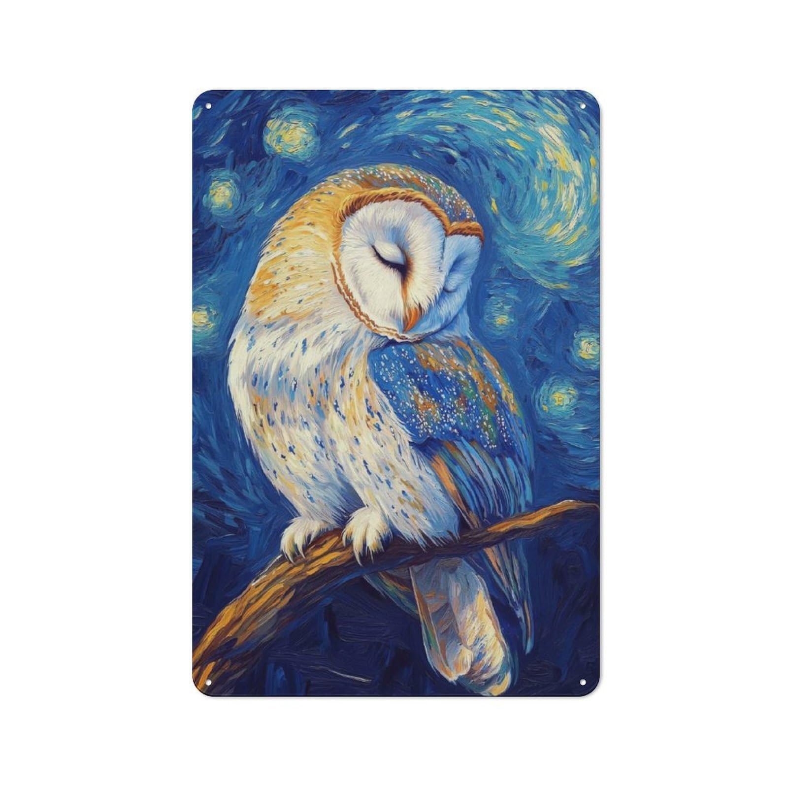 Junmoney Style-22 Rustic Metal Wall Sign 30X20cm Featuring Owl In Starry Night For Garage Wall, Tin Sign Wall Decor For Garages And Workshops