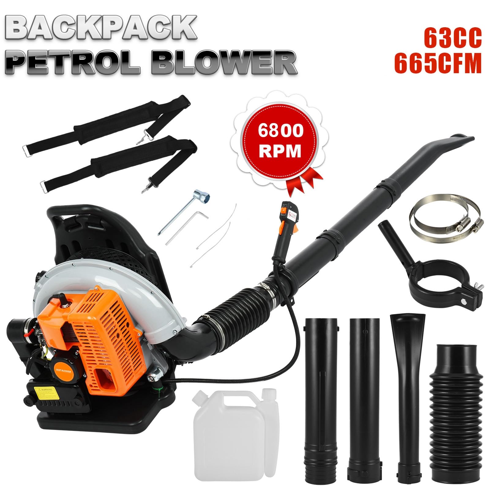Soplador de hojas a gas de 665 CFM, soplador de alto volumen para exteriores con motor de 2.3 kW y 63 CC, conducto de aire ajustable y correas acolchadas, soplador de gasolina para limpieza