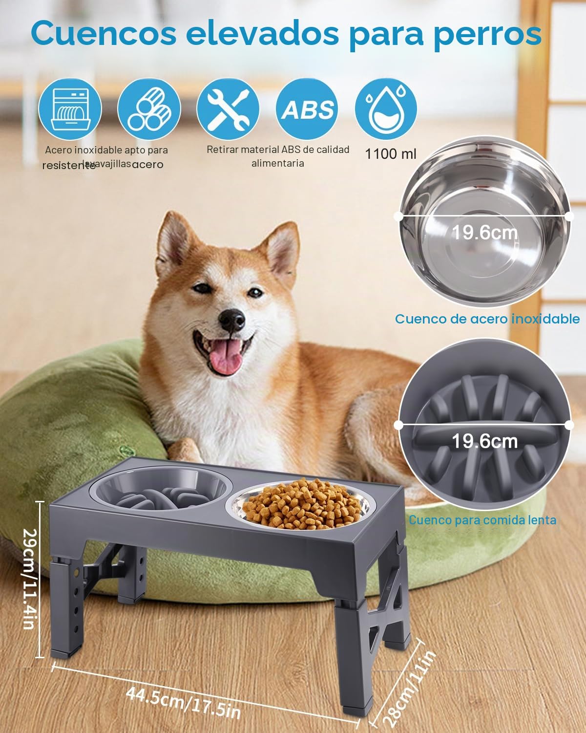 Comedero Elevado para Perro - 5 Alturas Ajustables, 2 Cuencos de Acero Inoxidable, Antivoracidad - para Perros Pequeños, Medianos y Grandes