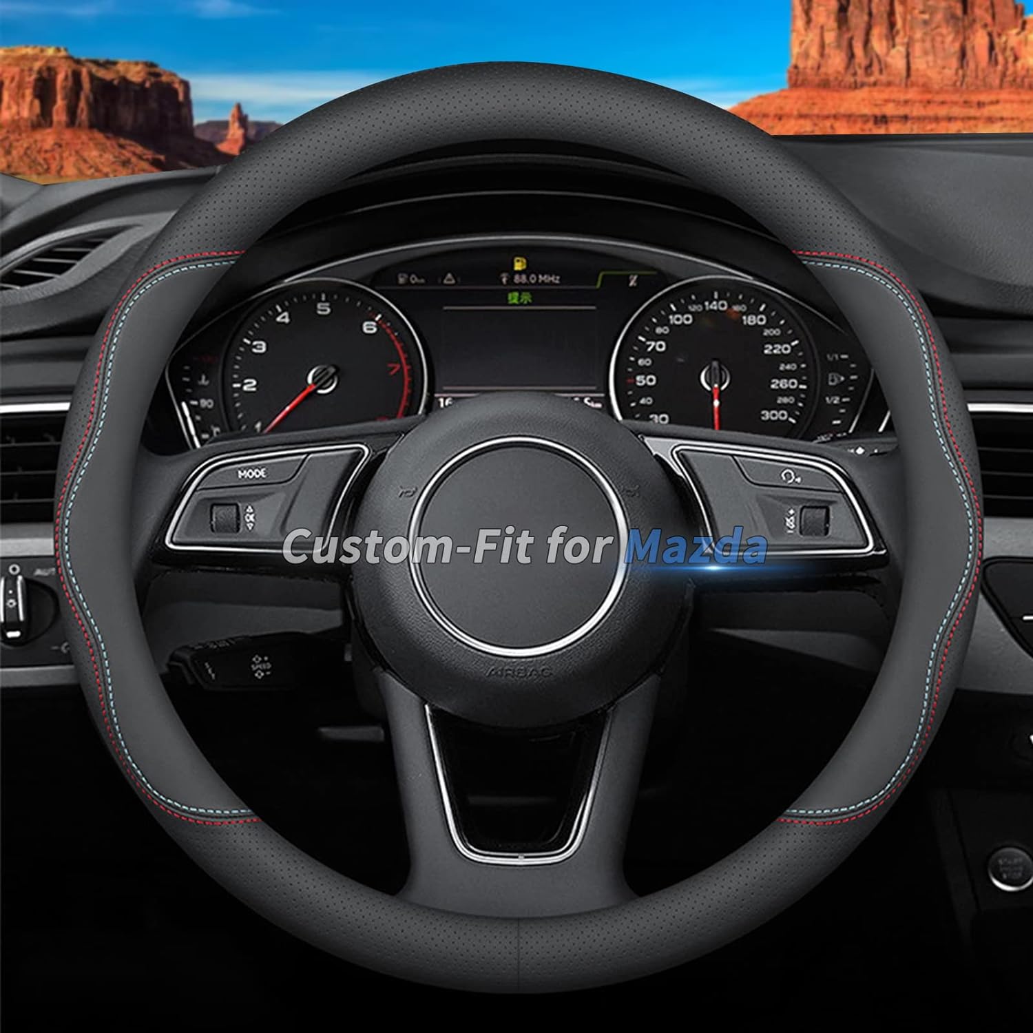 Custom-Fit for Mazda Steering Wheel Cover, Premium Leather Car Steering Wheel Cover with Logo, Non-Slip, Breathable, for Mazda Accessories (A-Style,for Mazda) A-Style For Mazda