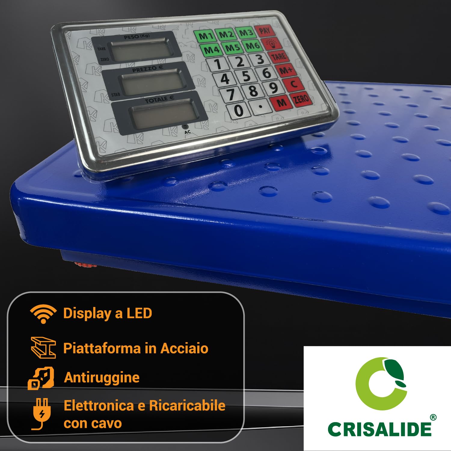Crisalide Báscula de plataforma industrial inalámbrica 300 kg – Pantalla LED, plataforma de acero inoxidable, recargable con cable – 2 fuentes de alimentación incluidas – Báscula profesional