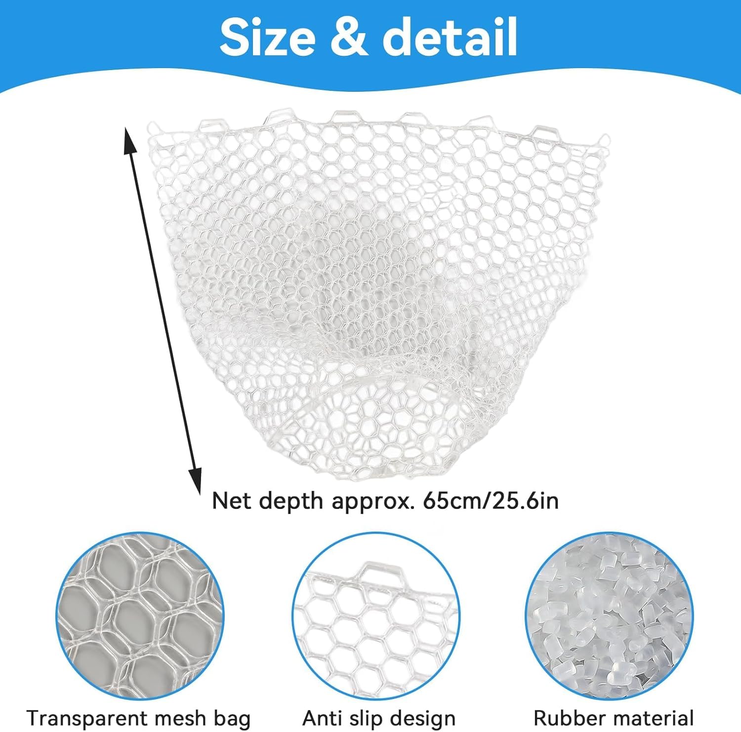 HERCHR Rubber Fishing Net Replacement Rubber Net, 65cm Depth Portable Foldable Fishing Net for Outdoor Freshwater Saltwater Fishing for Fly Fishing Landing Net Trout Net Rubber Mesh Fishing Net