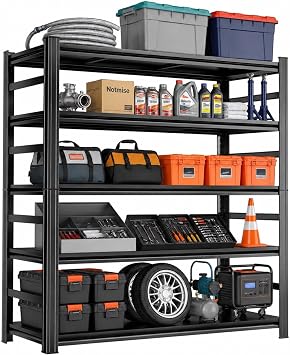 Adjustable 5-Tier Garage Shelving, Heavy Duty Steel Storage Shelves, High Load Capacity Shelf, Ideal for Garage, Warehouse, or Home Organization with Fences, 36" W*16" D*72" H