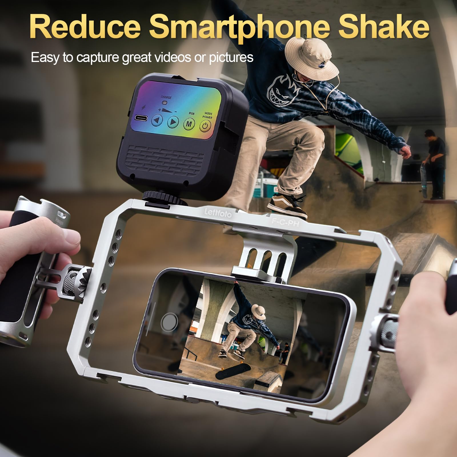 Leftfoto Gabbia stabilizzatore universale in alluminio per smartphone, con doppie maniglie per iPhone 16 15 Mini Pro Max 8 Plus per Samsung per Huawei Mate, per vlogging/riprese video