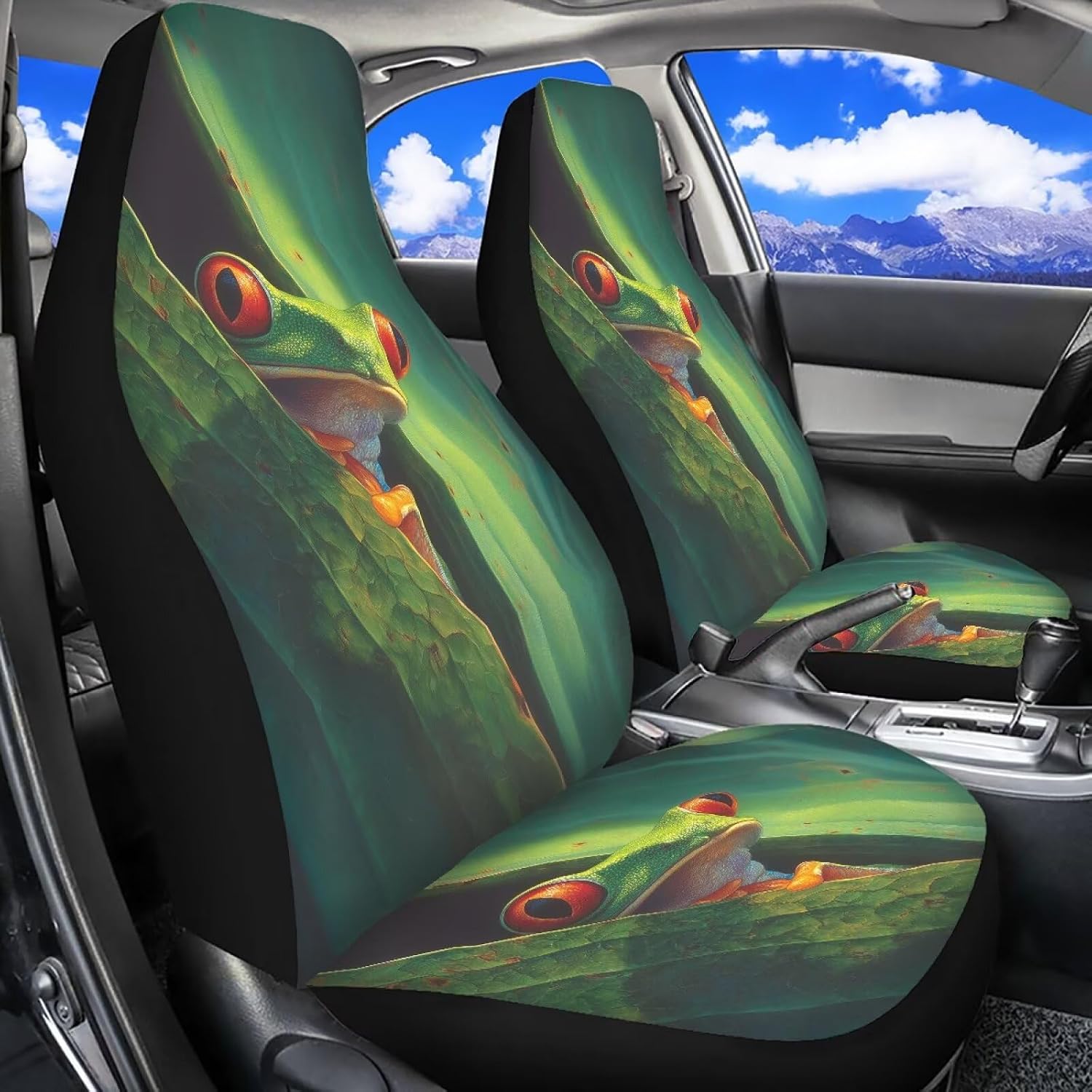Bulopur Green Frog Car Front Seat Covers Full Set for Women Men 2 Piece Polyester Stretchy Automotive Interior Accessories Universal Fit Most Vehicles Cars Sedan Trucks SUVs Vans
