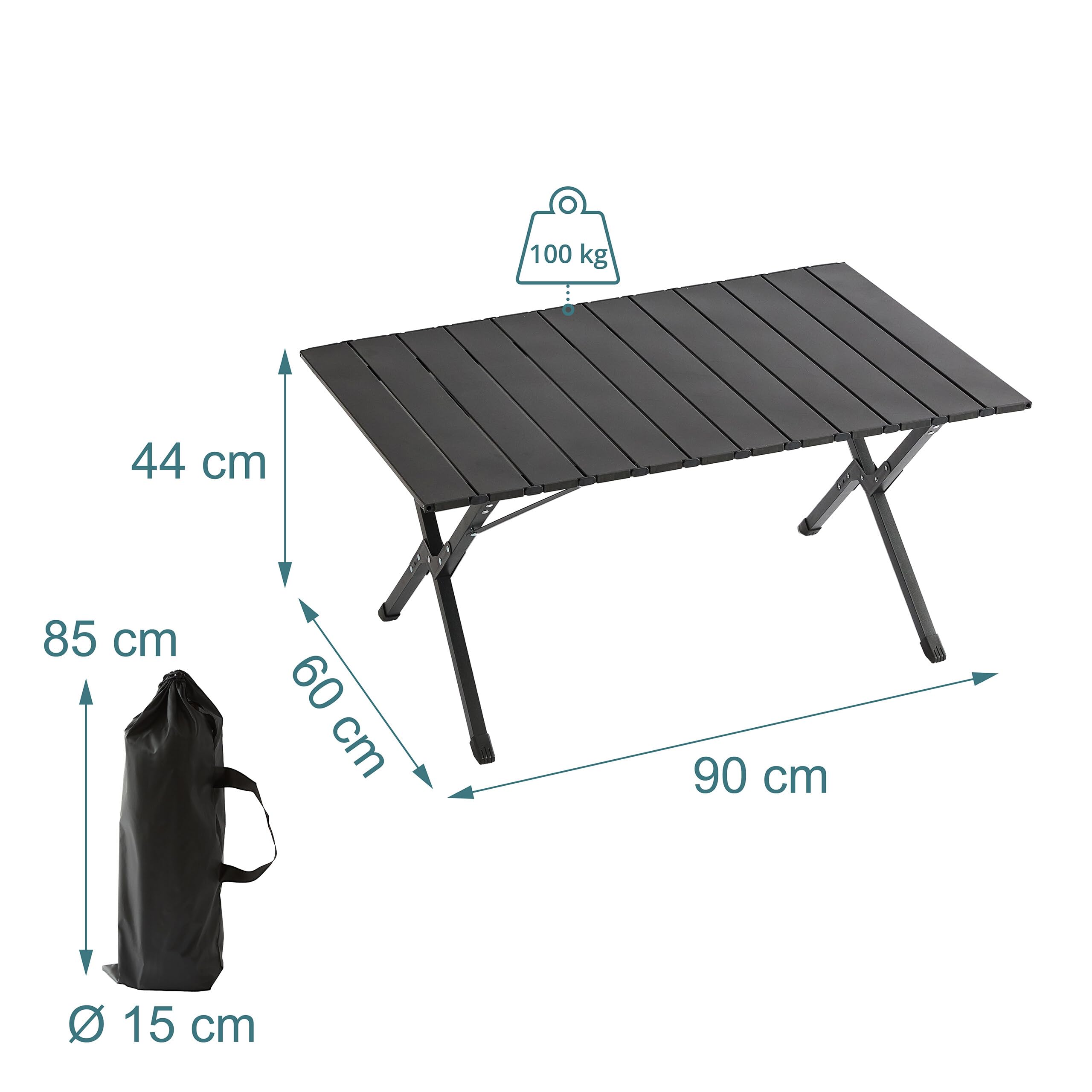 Relaxdays Table de Camping Pliable et résistante aux intempéries, réglable, 44×90×60 cm, Noire
