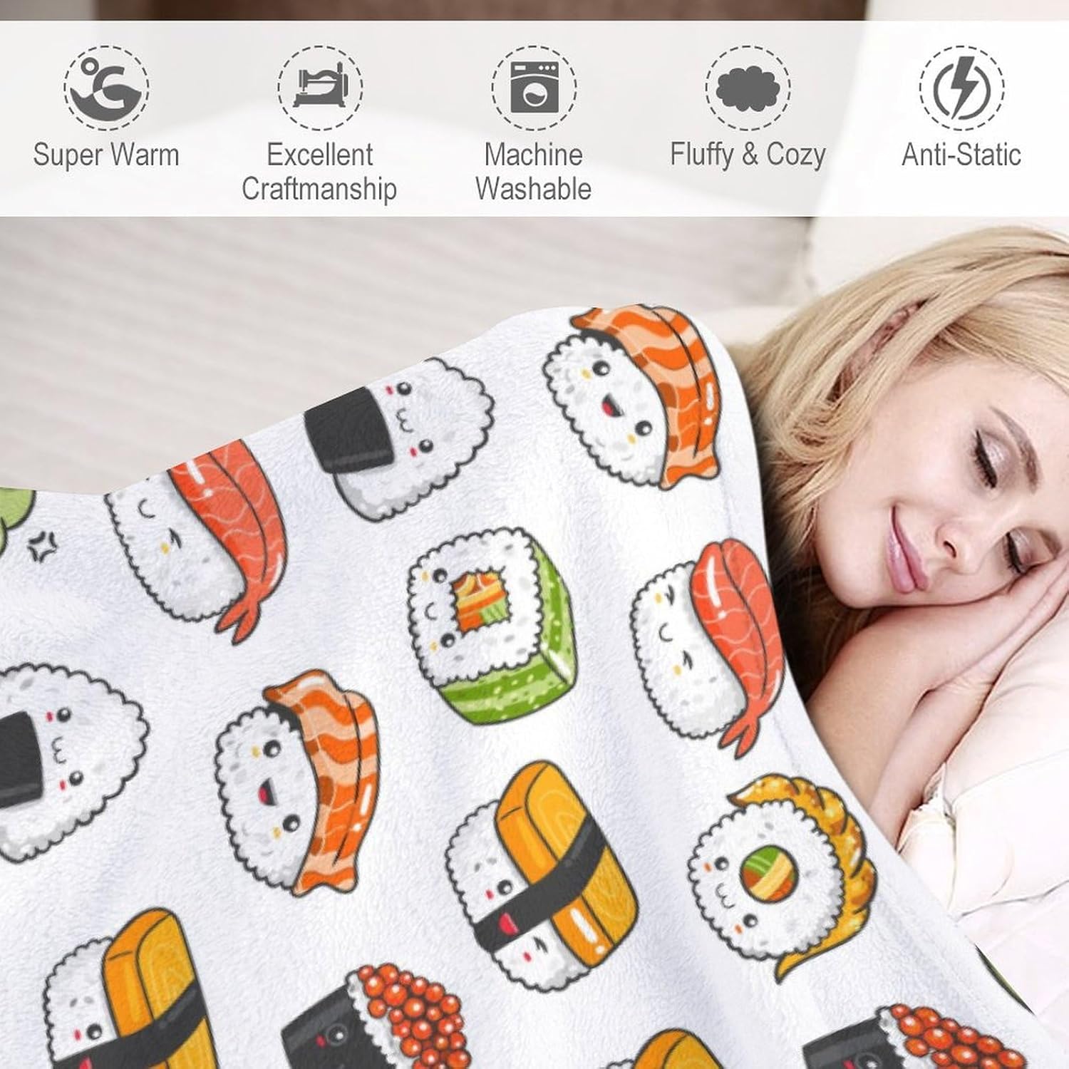 Cartoon Kawaii Sushi Super Soft Cozy Throw Blanket, Lightweight Fuzzy Comfy Flannel Blanket Warm Plush Throw Blankets for Couch, Sofa, Bed Travel and Camping Blanket Gifts 50"x40" - Image 4