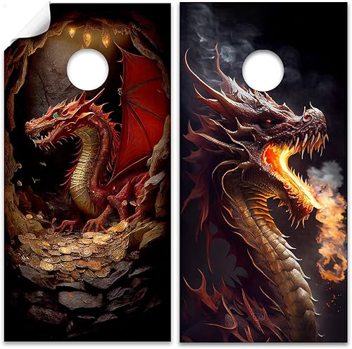 Miniatura 3 de Juego de 2 fundas de vinilo profesionales para tablero de Cornhole - Calcomanías de Cornhole de dragones de fantasía feroces para cubiertas de