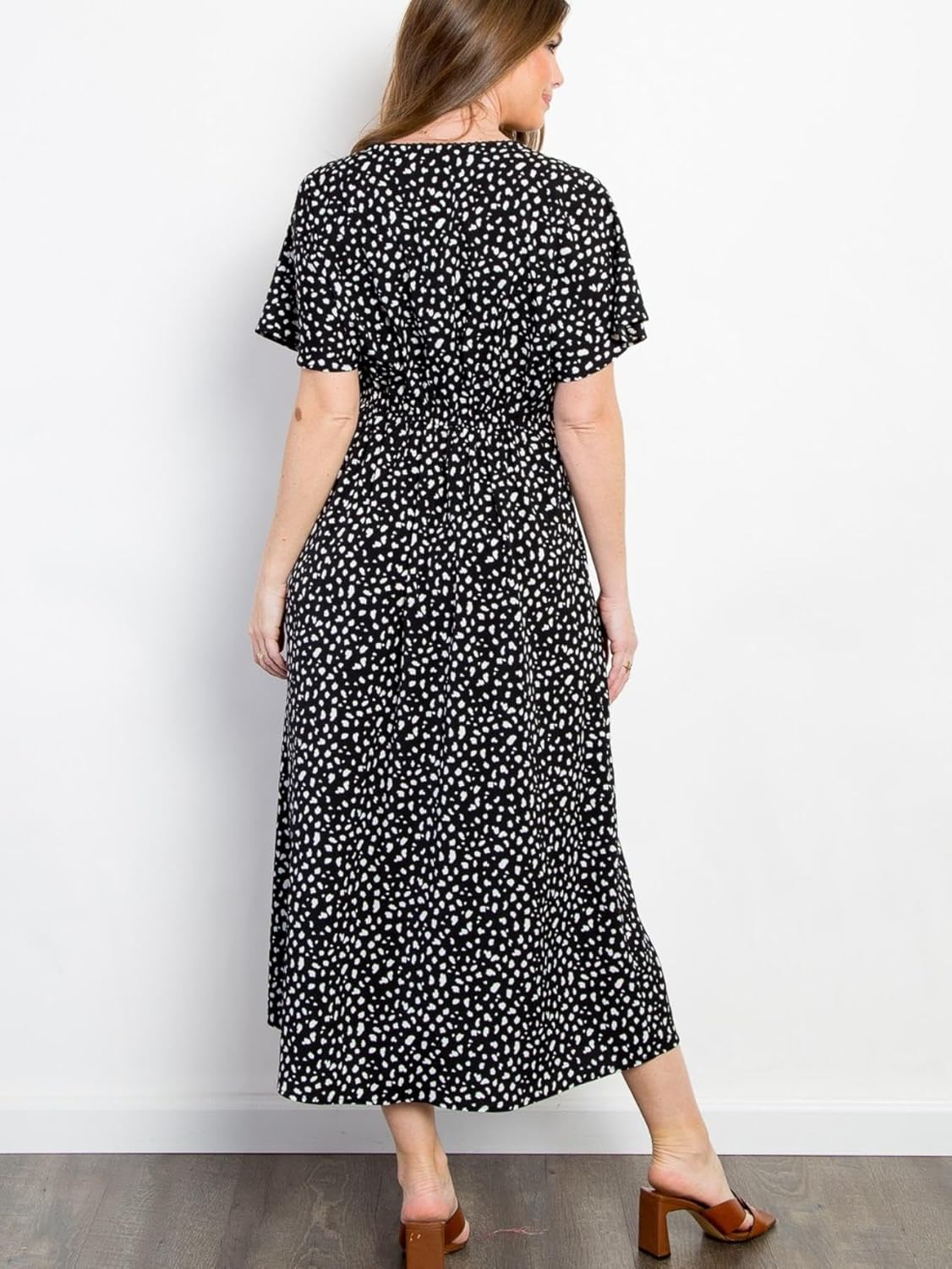 Womens Polka Dot Wrap Maxi Dress, Black with White Dots, Short Flutter Sleeves, V-Neckline, Adjustable - Image 4