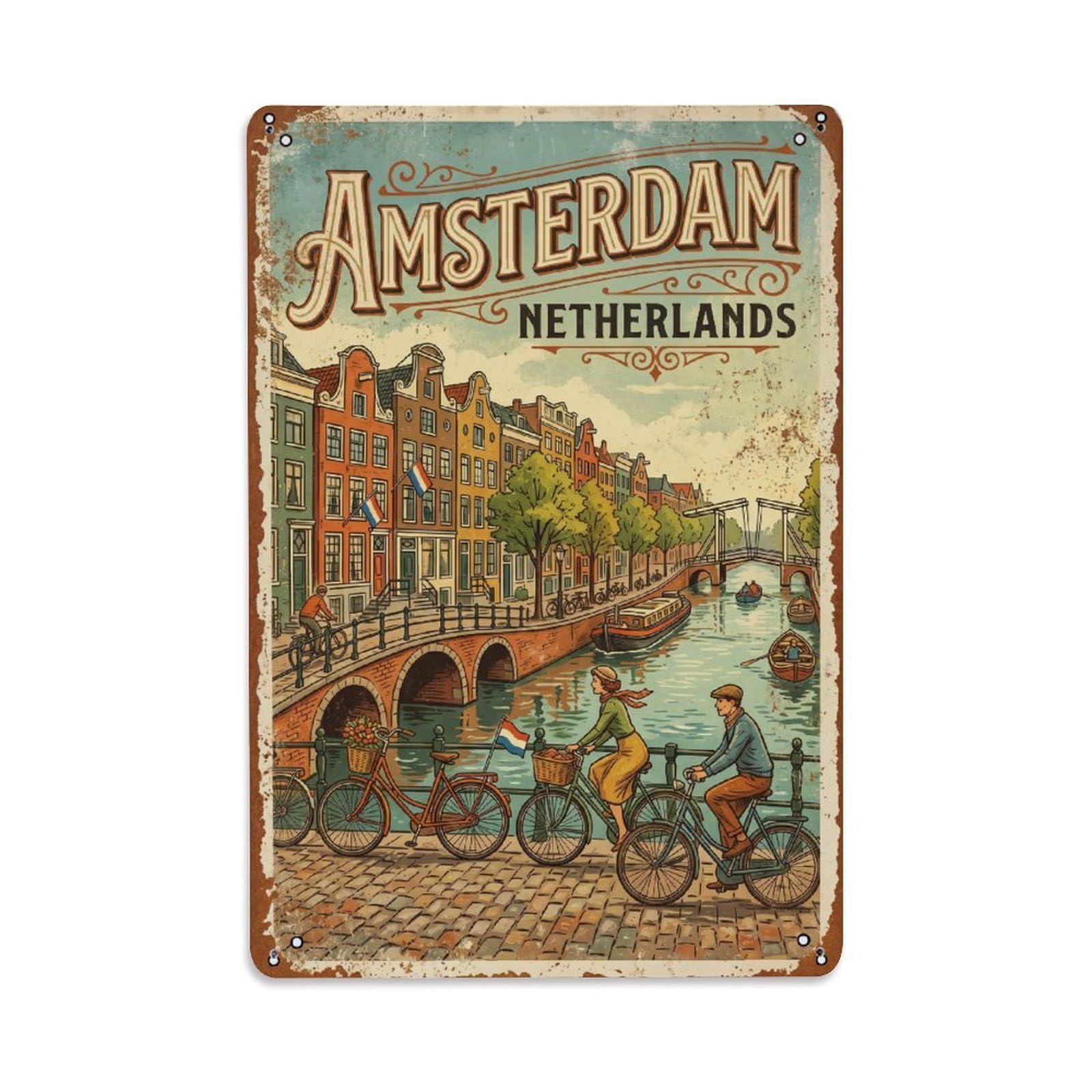 Cmhok Vintage Style Vintage Travel Canals Amsterdam Metal Tin Sign Wall Decor For Cafe, Club, Garden Metal Poster 8X12inch