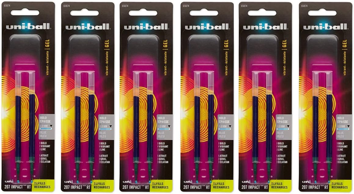 Uni-ball Signo Impact 207 RT Refills, Blue Ink, 1.0 Mm Bold Point, 6 Packs of Refills 65874 =12 refills