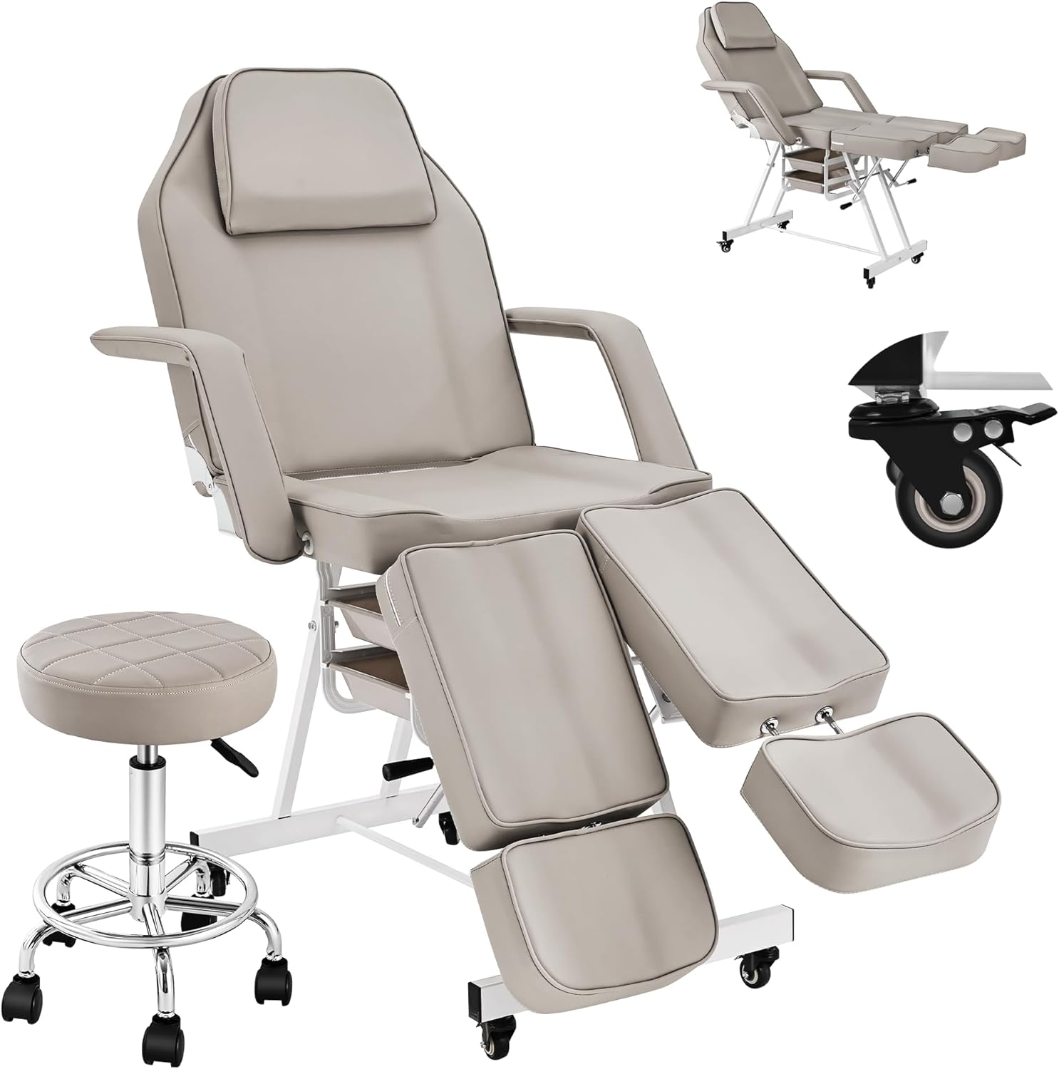 Grey Tattoo Chair for Client Split Leg with Wheels, Adjustable Facial Beds for Eyelash with Hydraulic Stool & Extension Footrests, Massage Bed Professional Beauty Artist Salon Barbershop Treatment