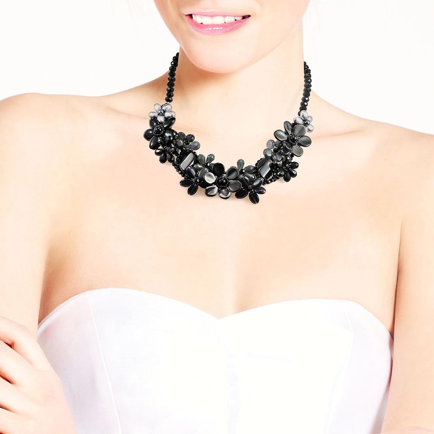 AeraVida Midnight Garden Mixed Black Stones Floral Statement Necklace