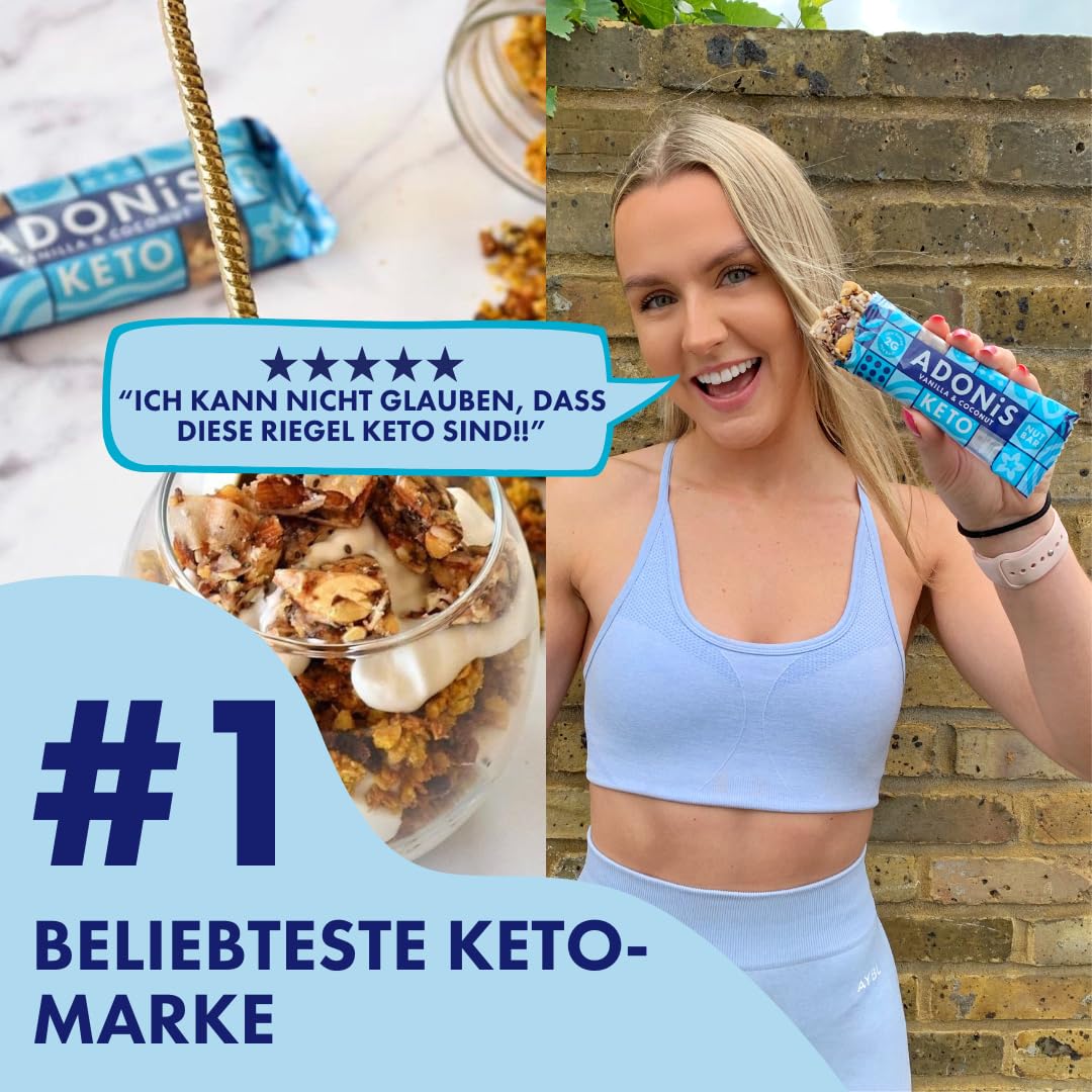 Adonis Keto Riegel Vanille- & Kokosnuss | 16x 35g | Keto Snacks | Vegan & 100% natürlich | Low Carb Bar und Low Sugar Snack | Perfect Keto-Diät Bars | Glutenfrei, ohne Zuckerzusatz (Vanille & Kokos)