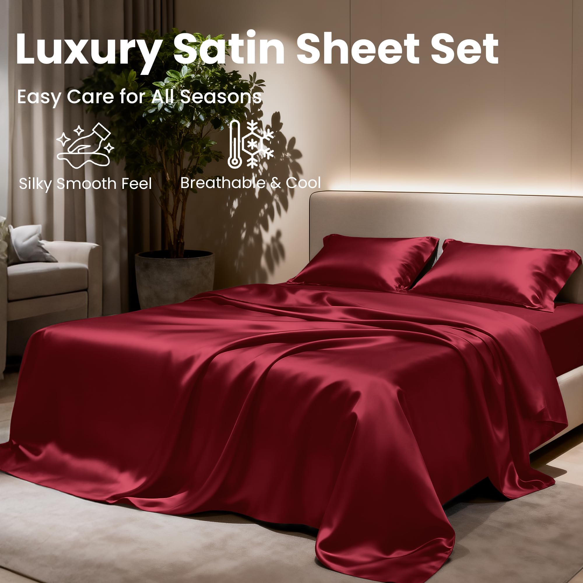 Love's cabin Satin Queen Sheets Set - 4 Piece Pink Silky Bed Sheets Set with Deep Pocket, Luxury Silk Feel Satin Queen Size Sheet Set (1 Flat Sheet, 1 Fitted Sheet, 2 Pillow Cases): Twin Burgundy.