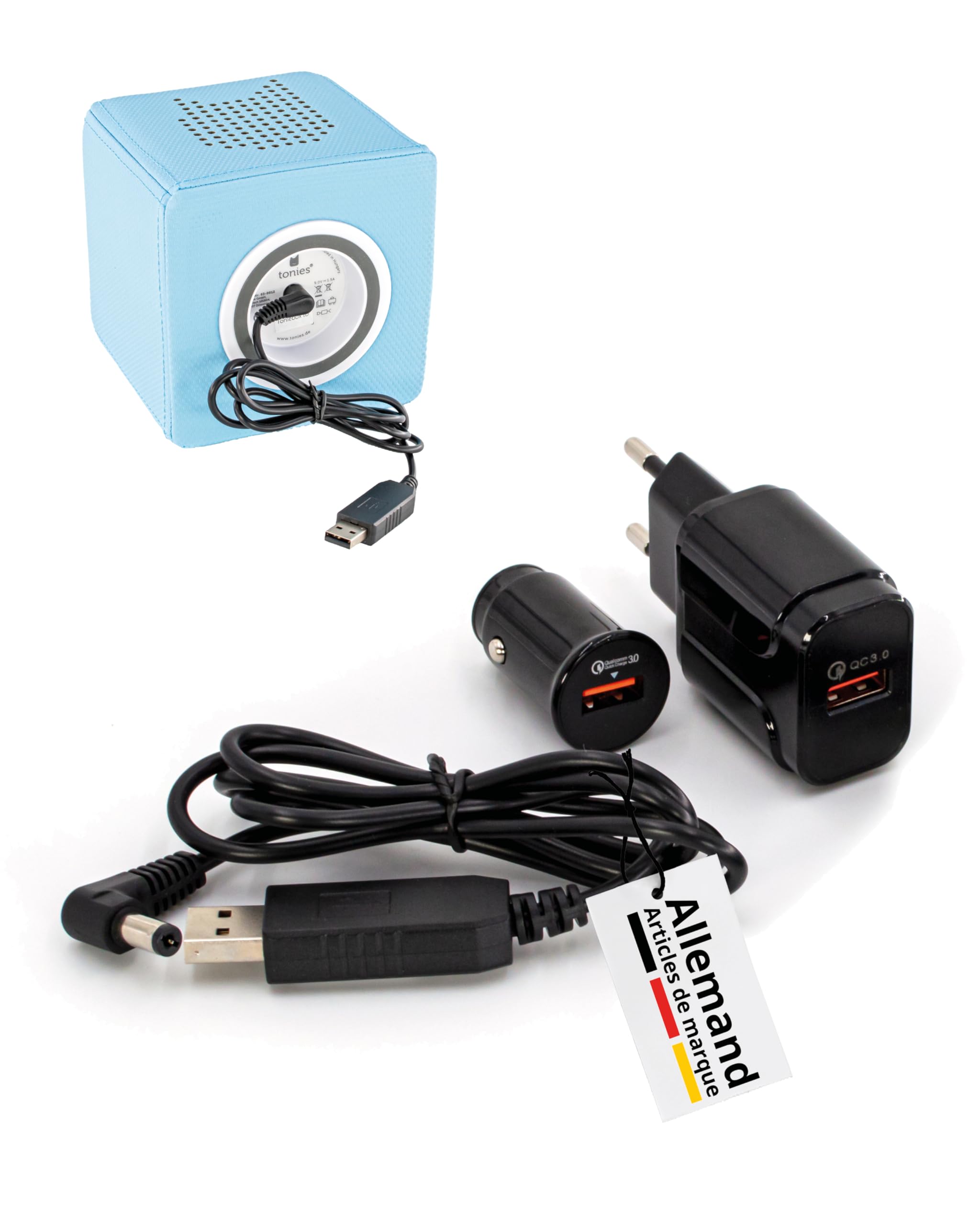 Cordon de Charge pour Toniebox, kit de Charge Rapide QC 3.0 avec Adaptateur de Prise & Voiture & câble de Charge Booster 5V vers 9V Type A sur USB-C & DC 5,5 x 2.1/2.5 mm Prise Creuse