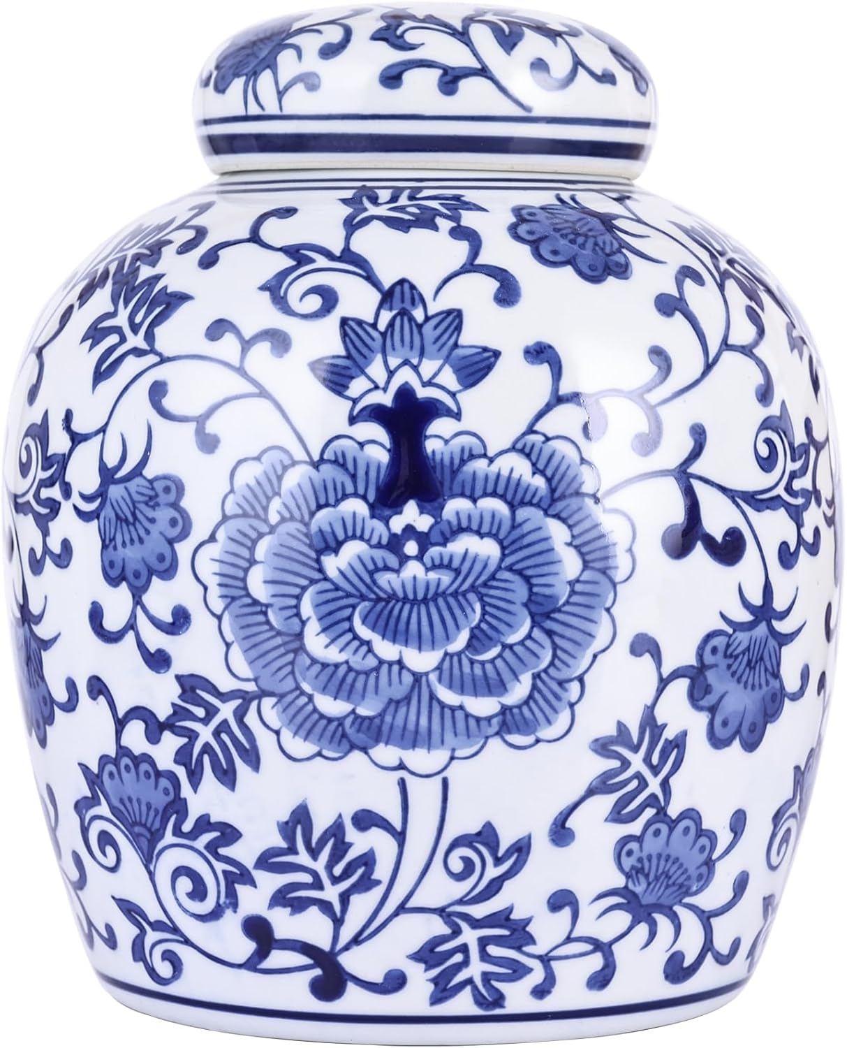 Hand-Painted Chinoiserie Ginger Jar with Lid, Blue and White Porcelain Ceramic Big Jar Vase, Auspicious Floral Decorative Jar (Model A)