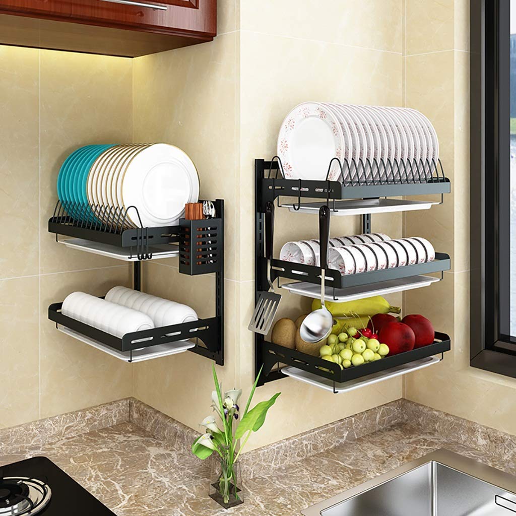 Escurridor de Platos de Acero Inoxidable 201 Negro para Cocina, Montaje en Pared, escurridor de vajilla, Organizador de 2/3 Niveles.