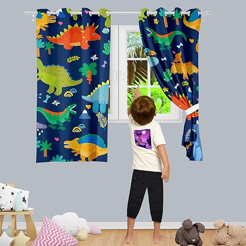 Miniatura 4 de Cortinas opacas de dinosaurio, 2 paneles de 63 pulgadas, cortinas para niños, cortinas para dormitorio, con bonito diseño de dinosaurio, con ojales