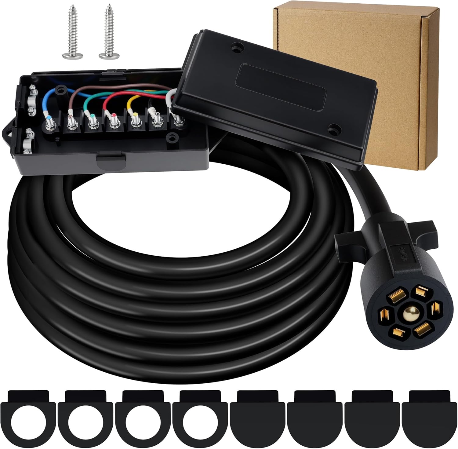 Heavy Duty 7 Way Trailer Cord 12FT with 7 Gang Waterproof Junction Box, Breakaway Switch and Plug Holder 12V, 7 Pin Pure Copper Trailer Connector Cable Wiring Harness for RV, Campers, Towing Car