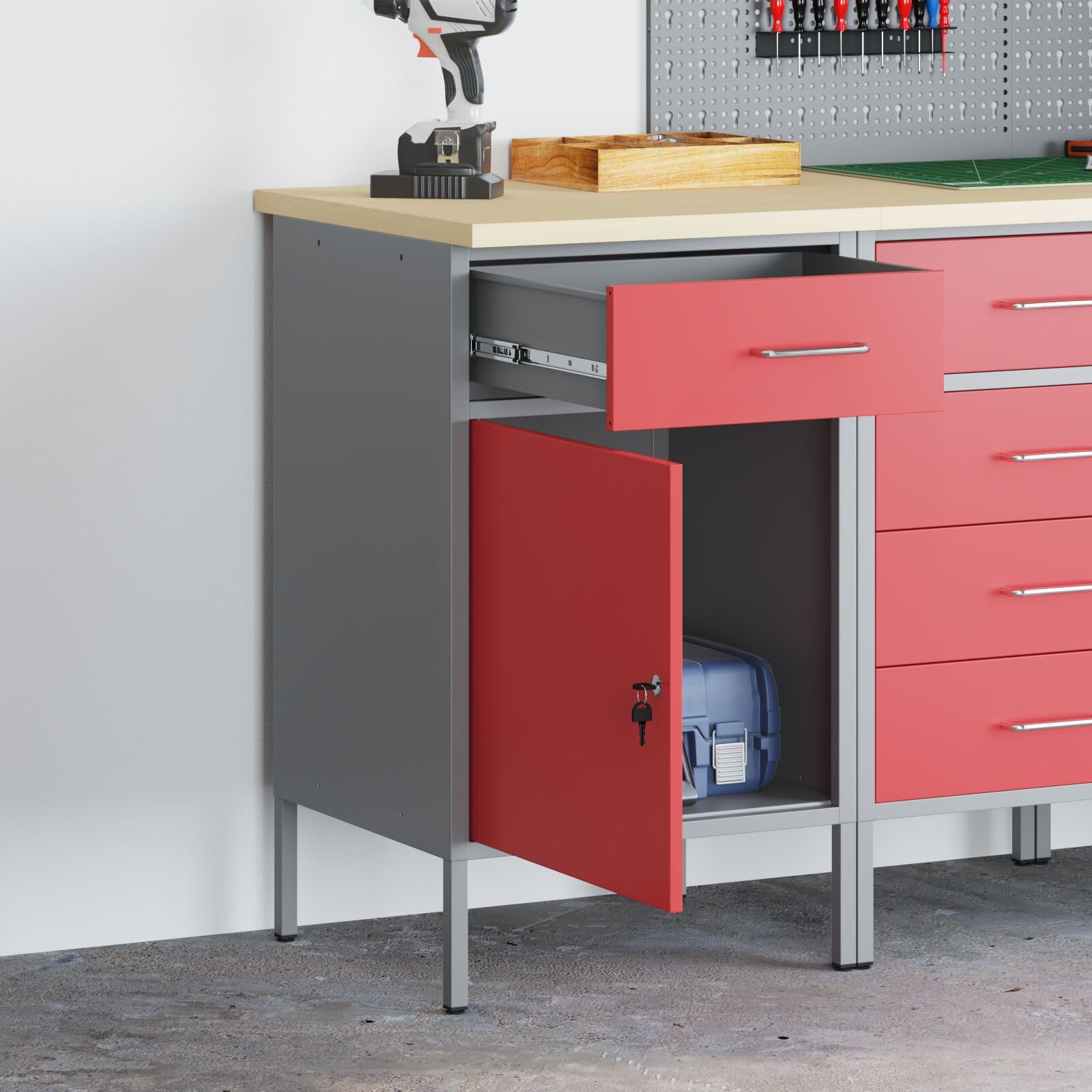 vidaXL Werkbank Rot und Grau 50 x 55 x 85 cm Ingenieure Holz und Stahl, Werkstatt, robuste Werkbank, rechteckiger Tisch, professioneller Arbeitsplatz für Bastler