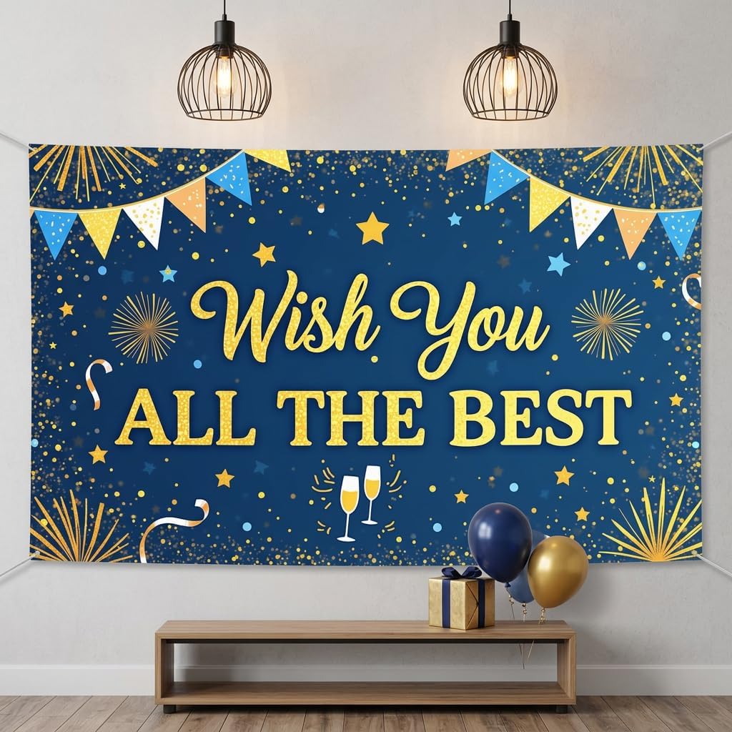 Wish You All the Best Banner Backdrop, Blue Gold Starry Retirement Decor image 4