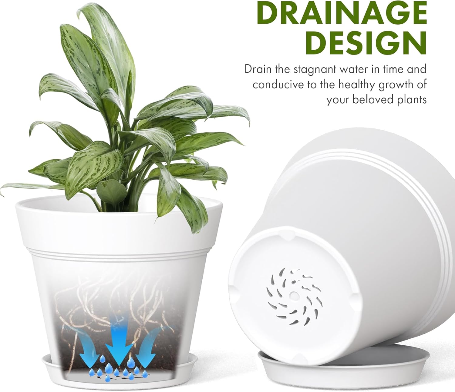 WSMKSZ 7 Inch Thick Plastic Plant Pots with Drainage Holes and Trays – 6 Pack Nursery Pots for Indoor & Outdoor House Plants, Seedling Starter Planters for Garden Flowers, White